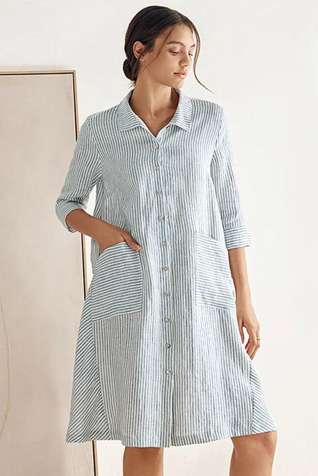 MADISON 100% Linen Striped Shirt Dress - Blue Stripe / S - DRESSES-Linen Midi