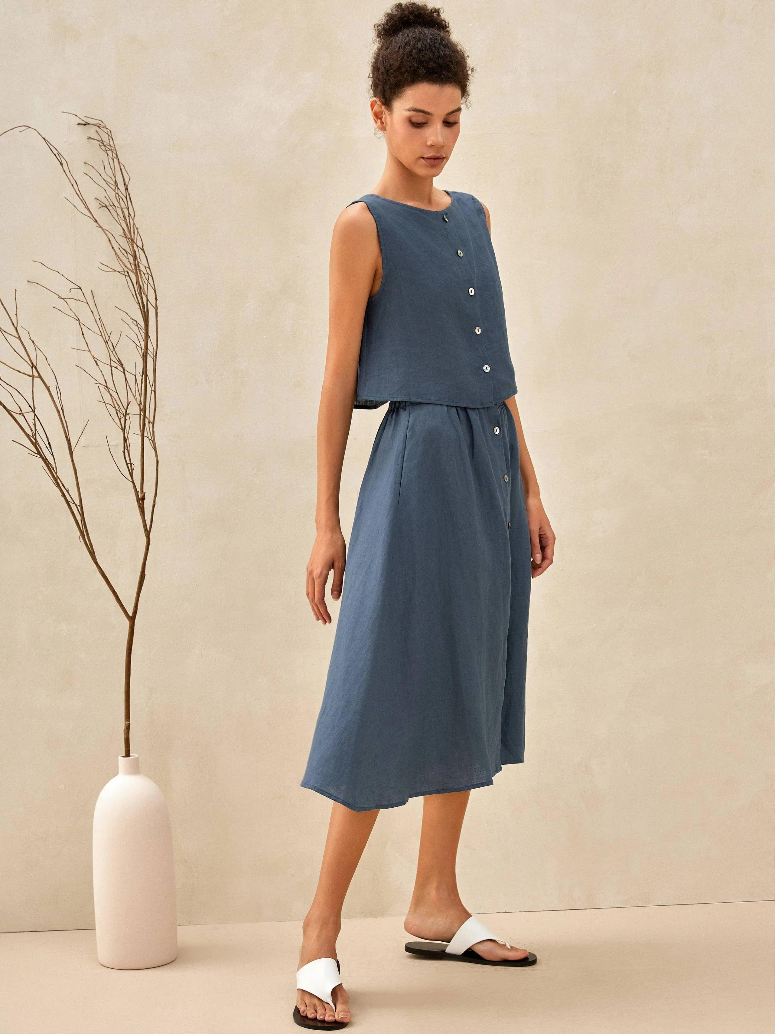 100% Linen Button Decorate Vest Naxi Skirts Set LUCIA - SETS-Linen Sets