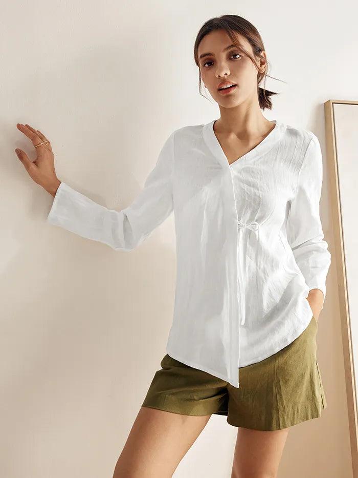 100% Linen Tie Cardigan Top DAKOTA - TOPS-Linen Blouses