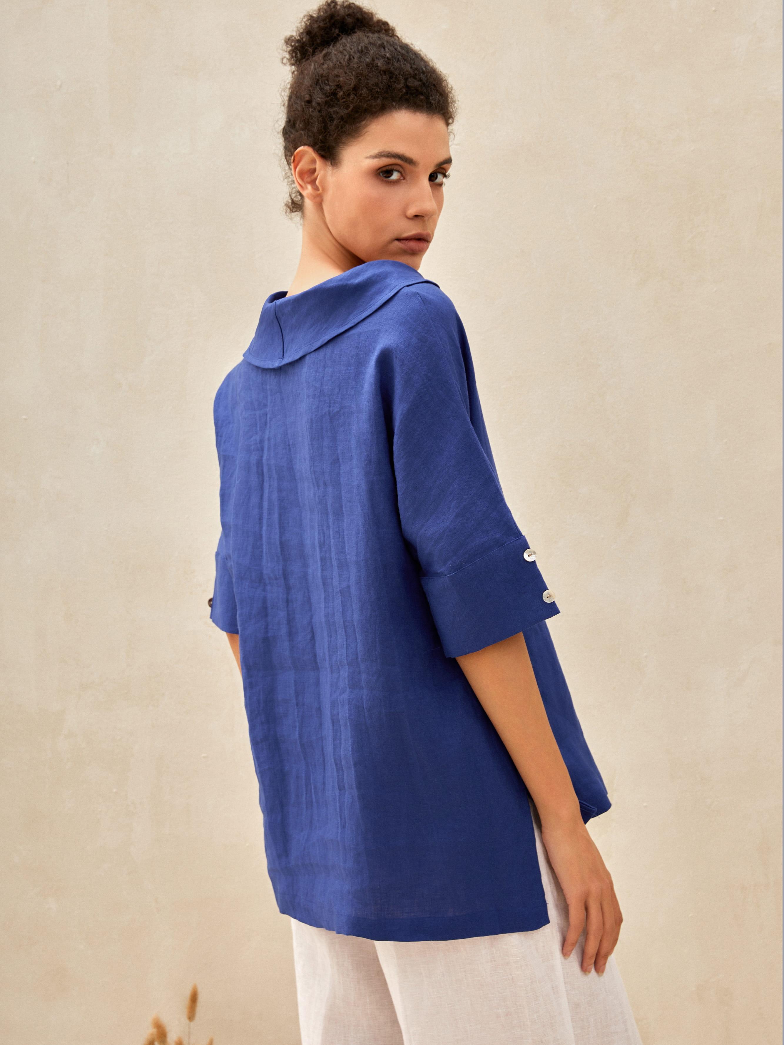 100% Linen V-Neck Short Sleeve Shirt SIERRA - TOPS-Linen Blouses