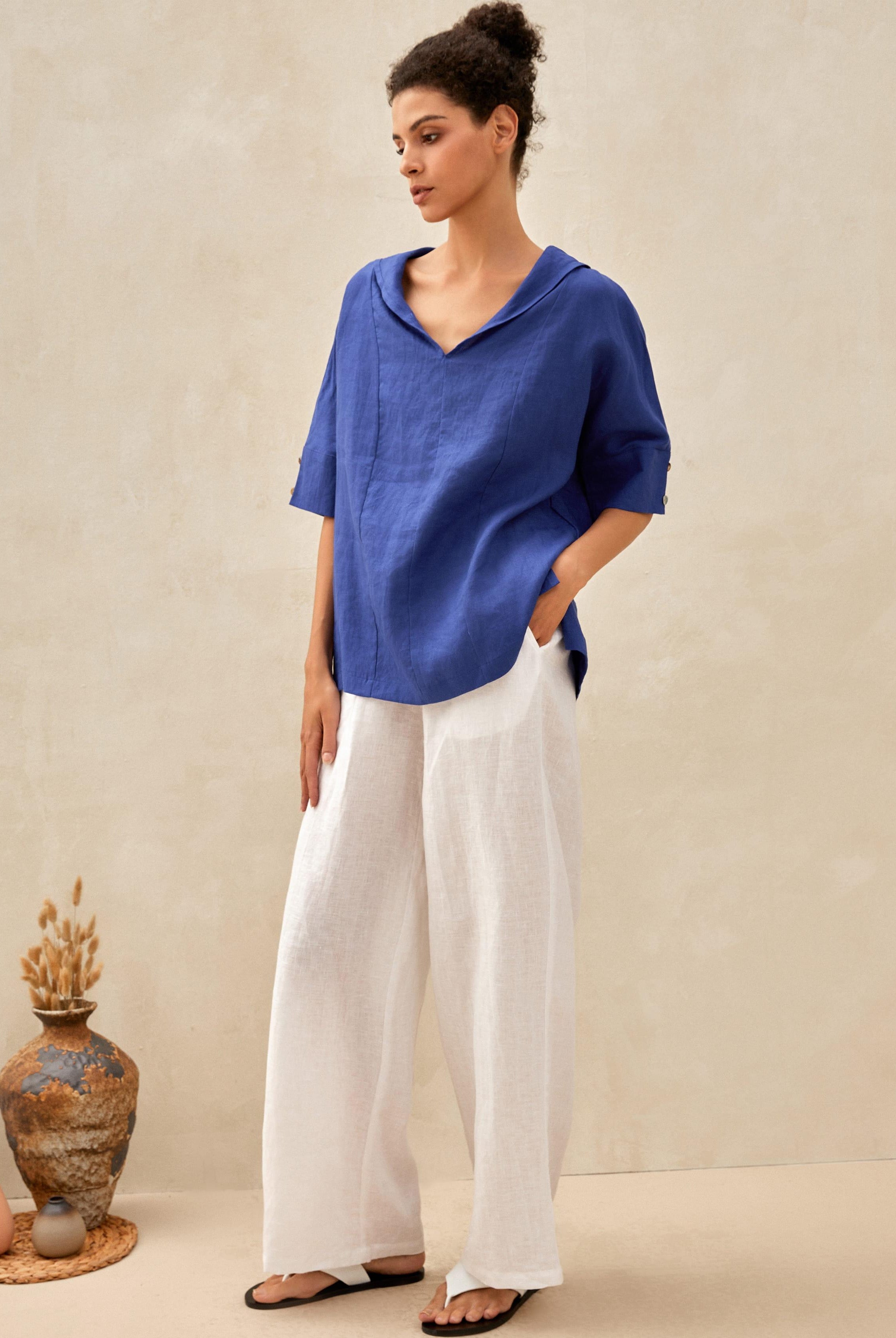 100% Linen V-Neck Short Sleeve Shirt SIERRA - TOPS-Linen Blouses