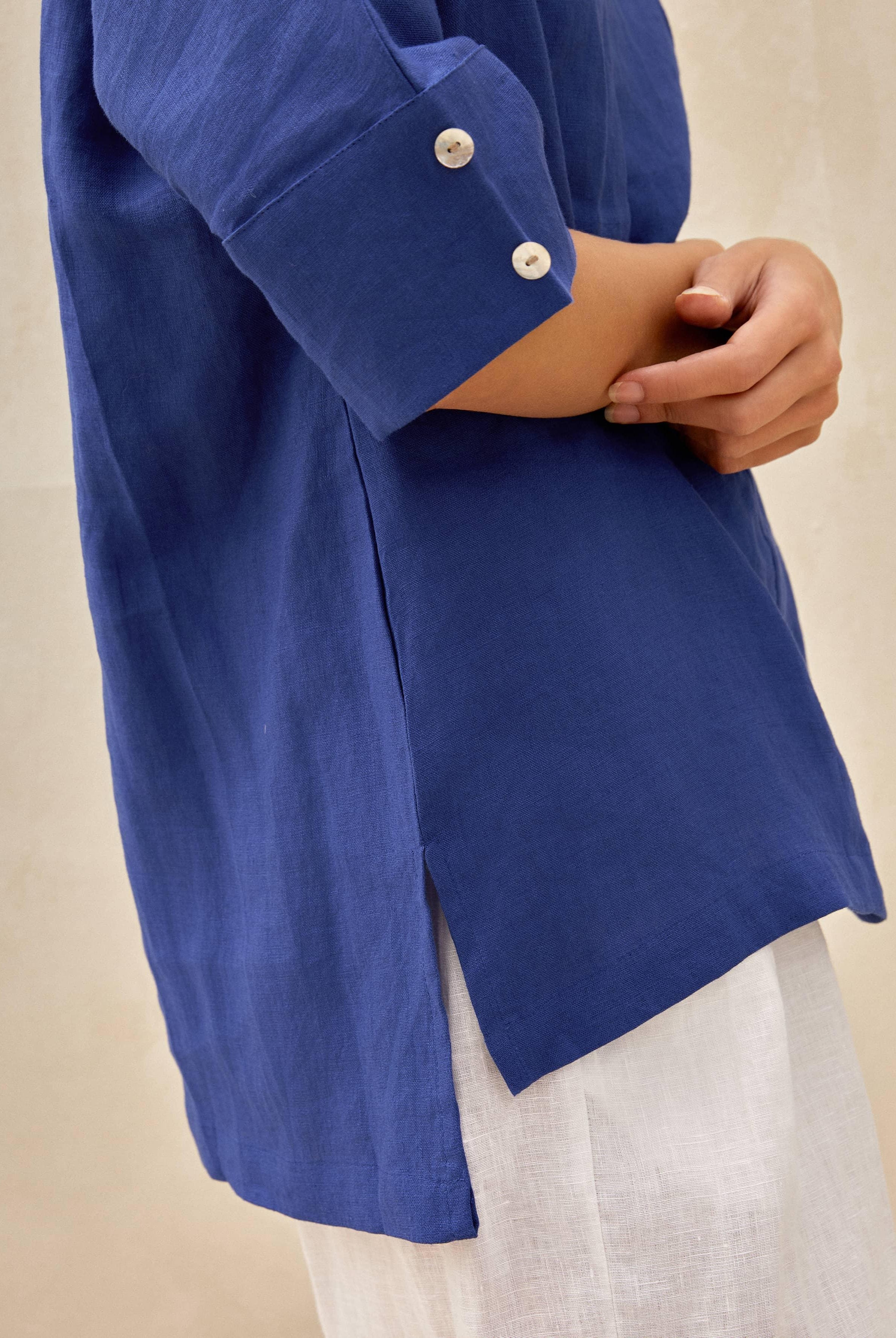 100% Linen V-Neck Short Sleeve Shirt SIERRA - TOPS-Linen Blouses