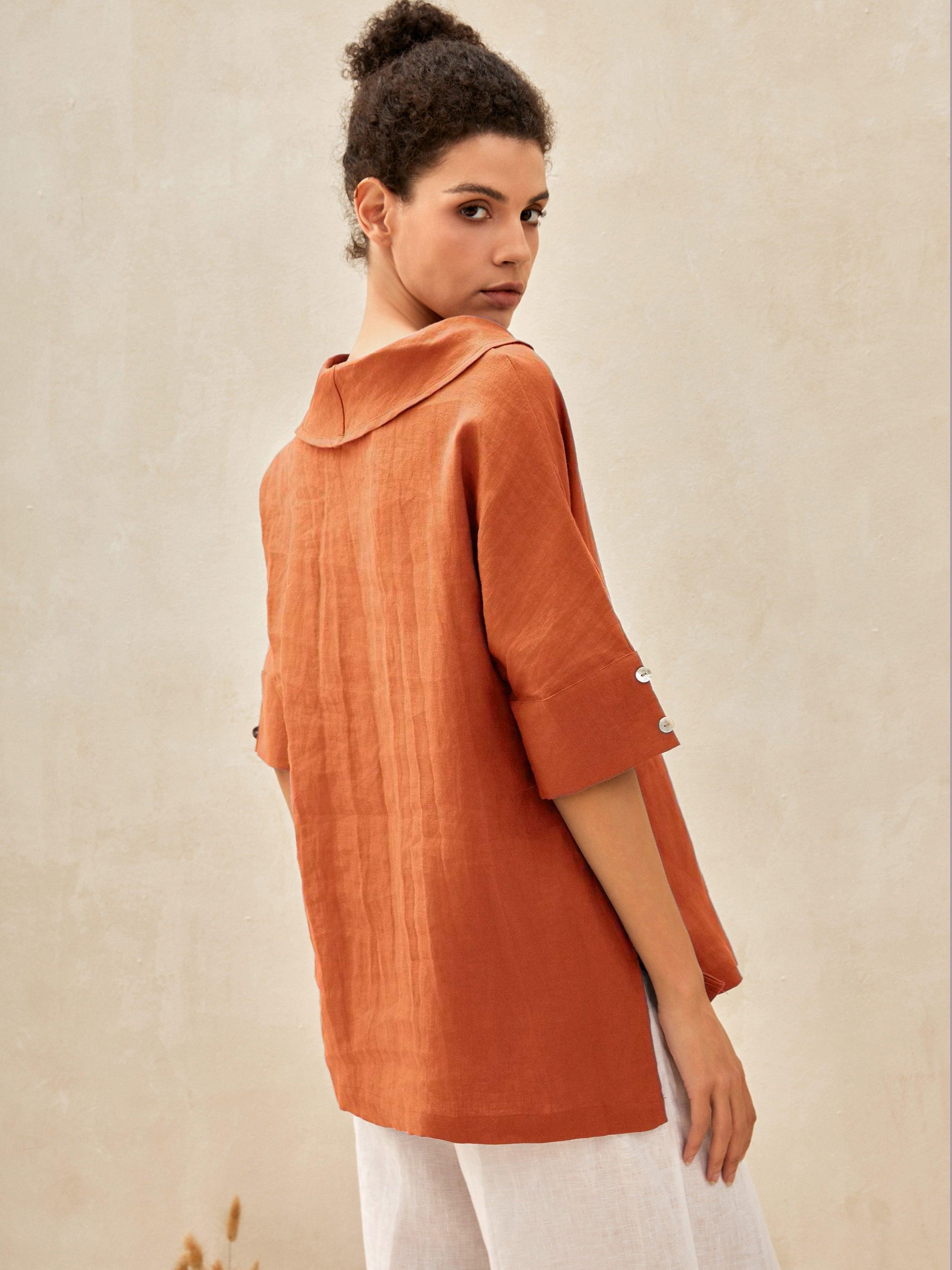 100% Linen V-Neck Short Sleeve Shirt SIERRA - TOPS-Linen Blouses