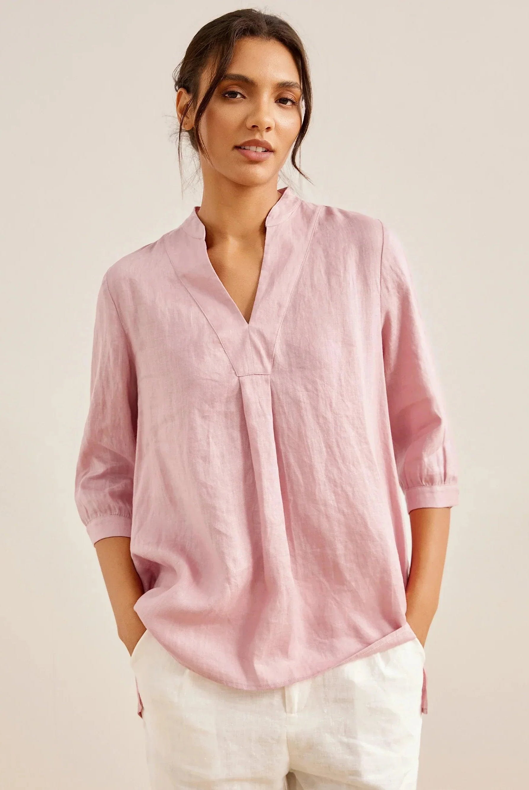 100% Linen Dress Shirt JOANNA - Light Pink / S - TOPS-Linen Blouses