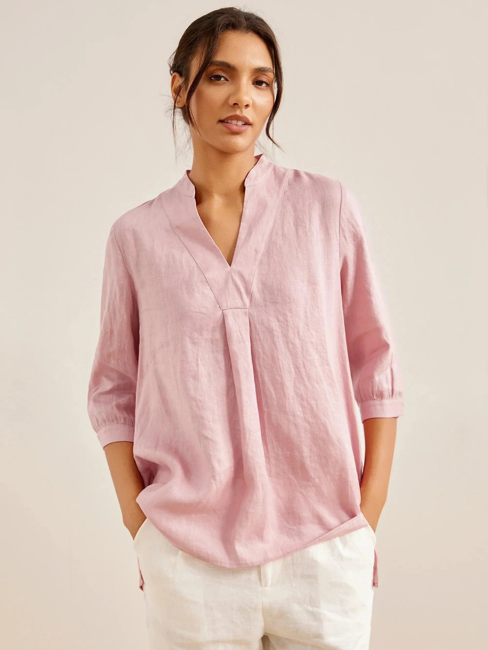 100% Linen Dress Shirt JOANNA - Light Pink / S - TOPS-Linen Blouses