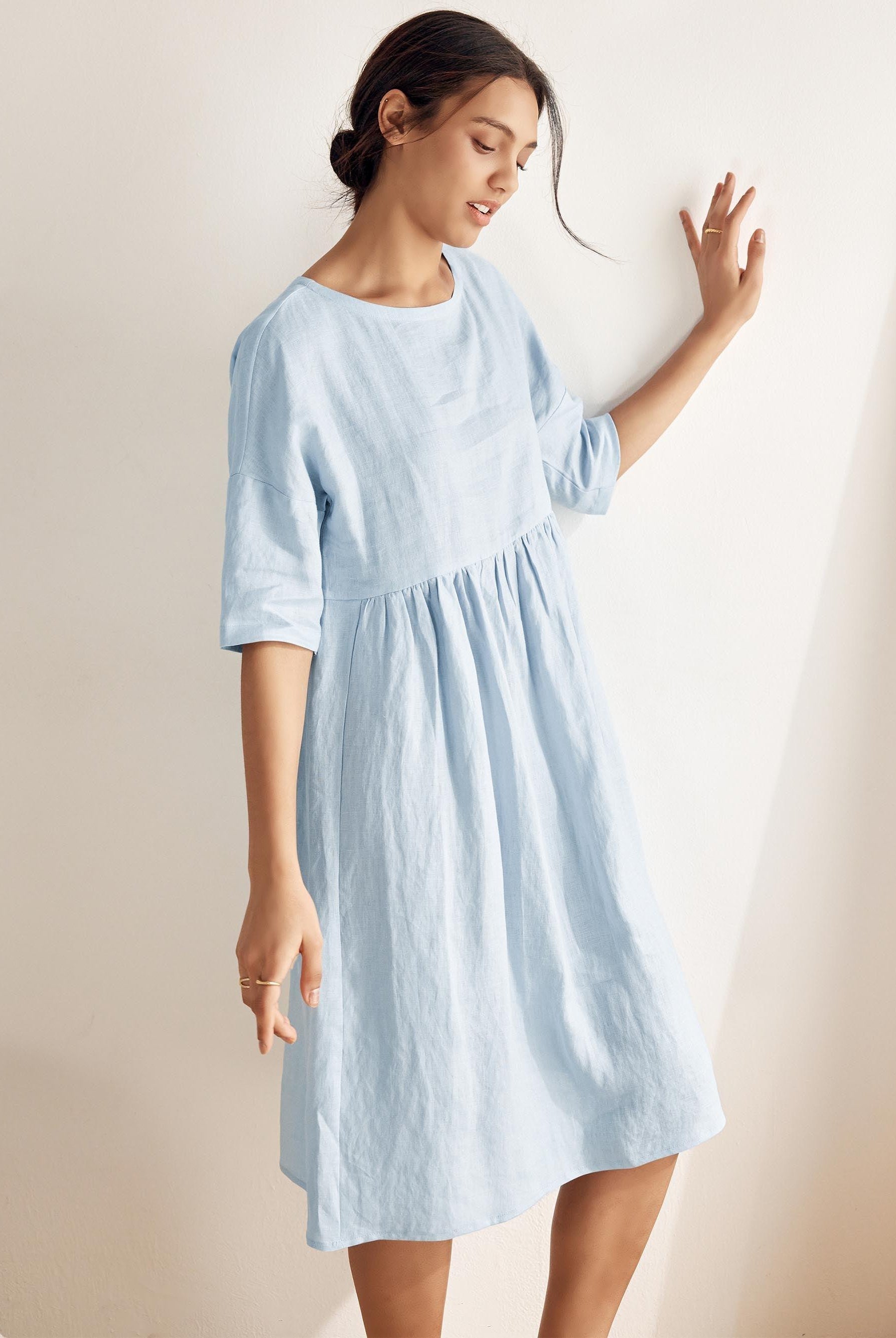 100% Linen A-Line Midi Dress VALENCIA - DRESSES-Linen