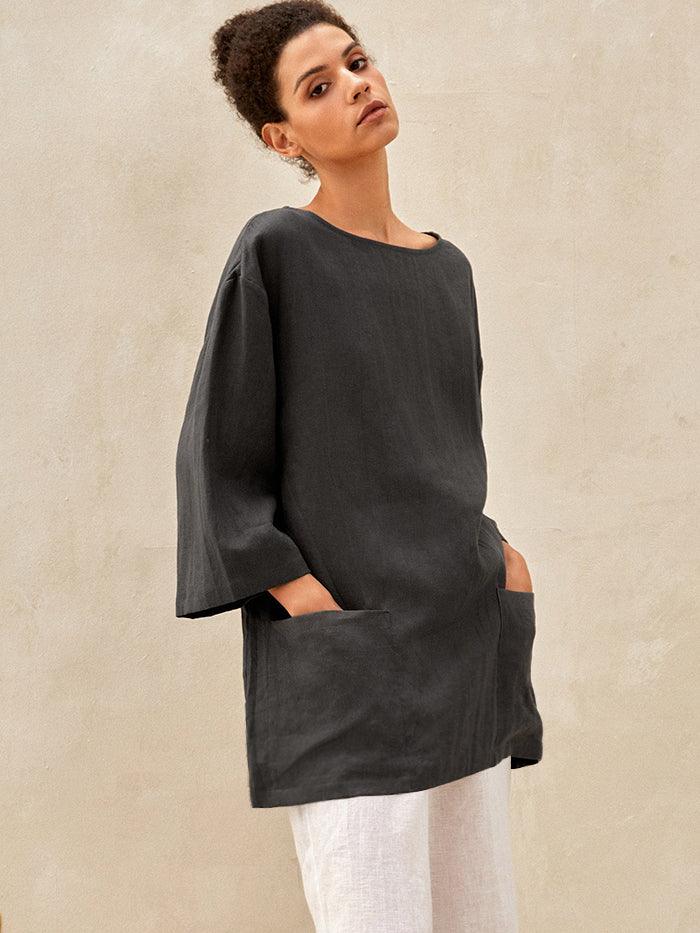 100% Linen Loose Long Shirt LILY - Coal Grey / S - TOPS-Linen Tunics