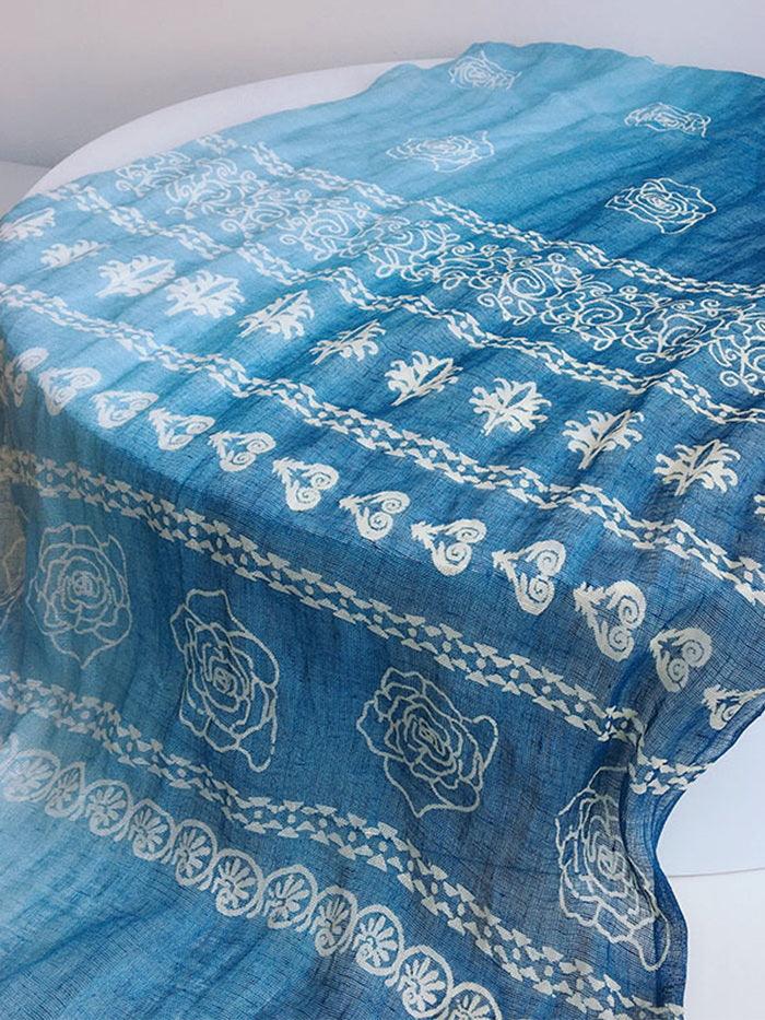 Artisanal 100% Linen Wax-Dyed Scarf - Stripey Florals / One-Size - ACCESSORIES-Scarf