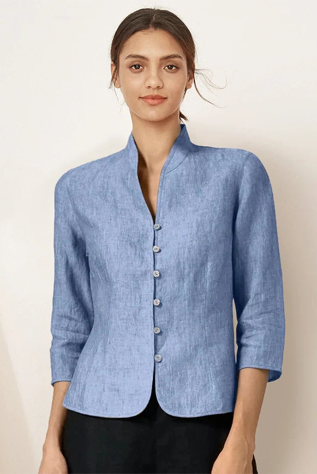 100% Linen Hand Button Fitted Jacket AMELIA - Powder Blue / S - TOPS-Linen Jackets