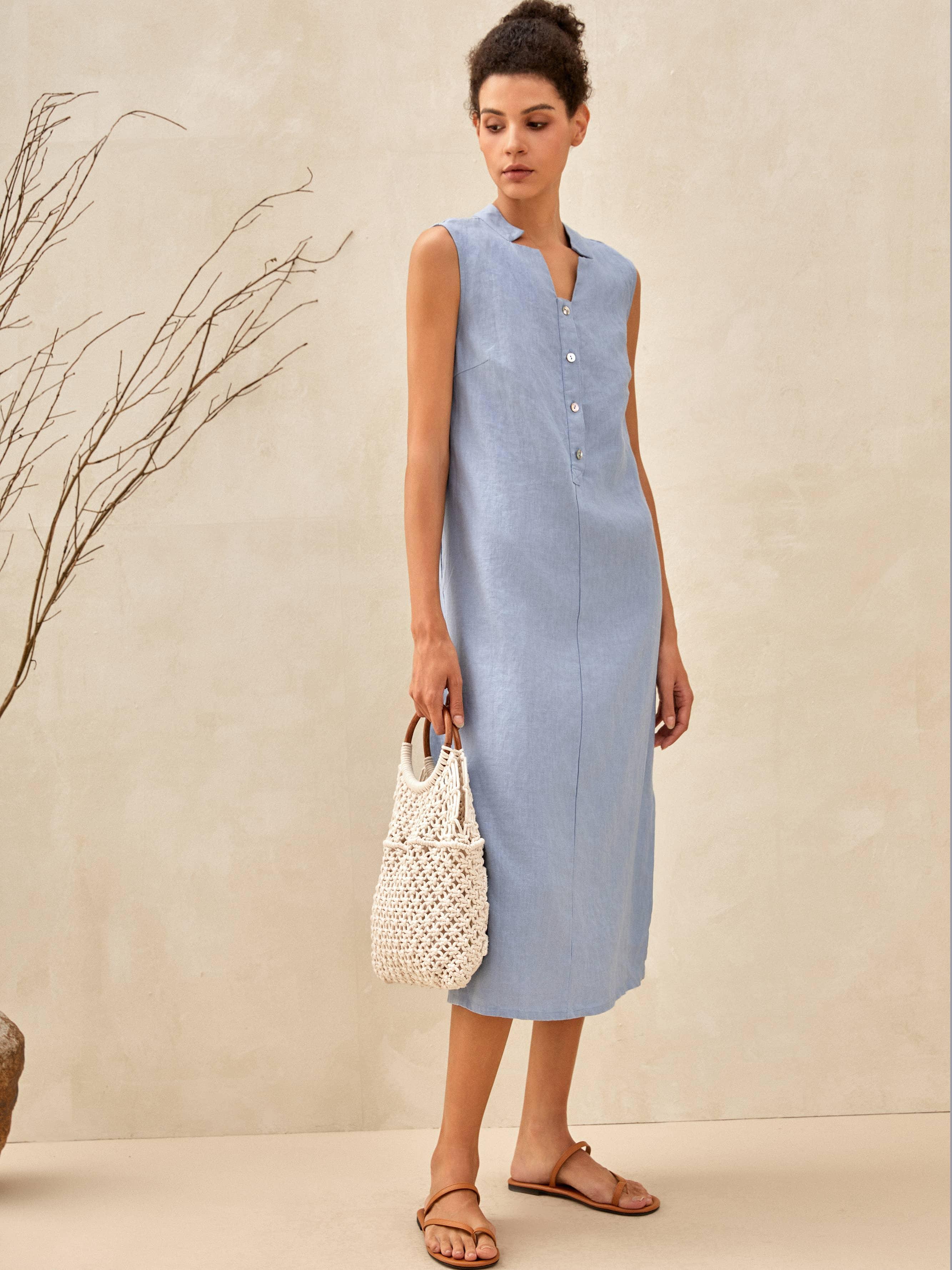 100% Linen Sleeveless Straight High Slit Maxi Dress TAYLOR - DRESSES-Linen Midi