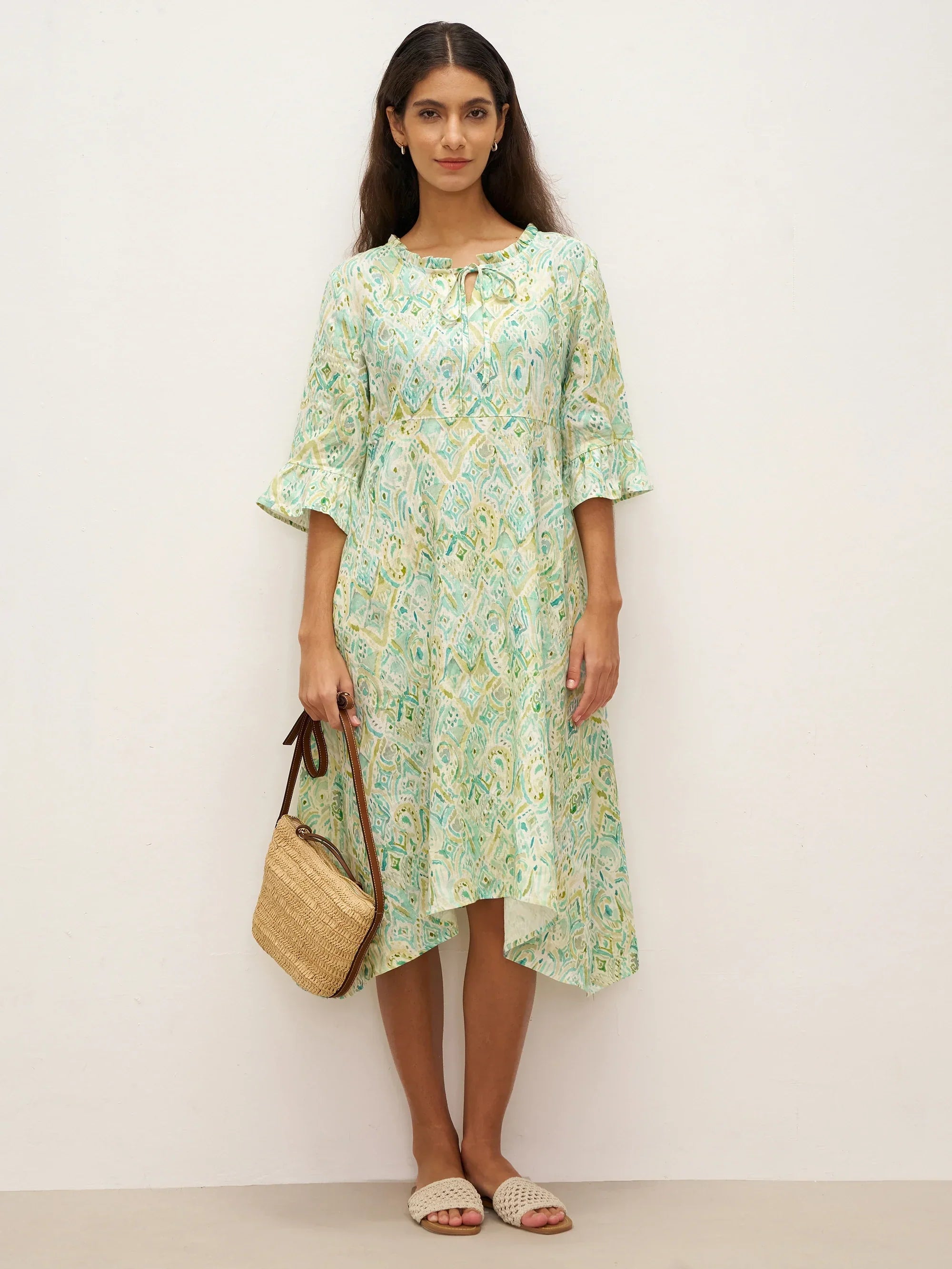 100% Linen A-Line Ruffled Collar Tie-Neck Midi Dress LIVIA - DRESSES-Linen