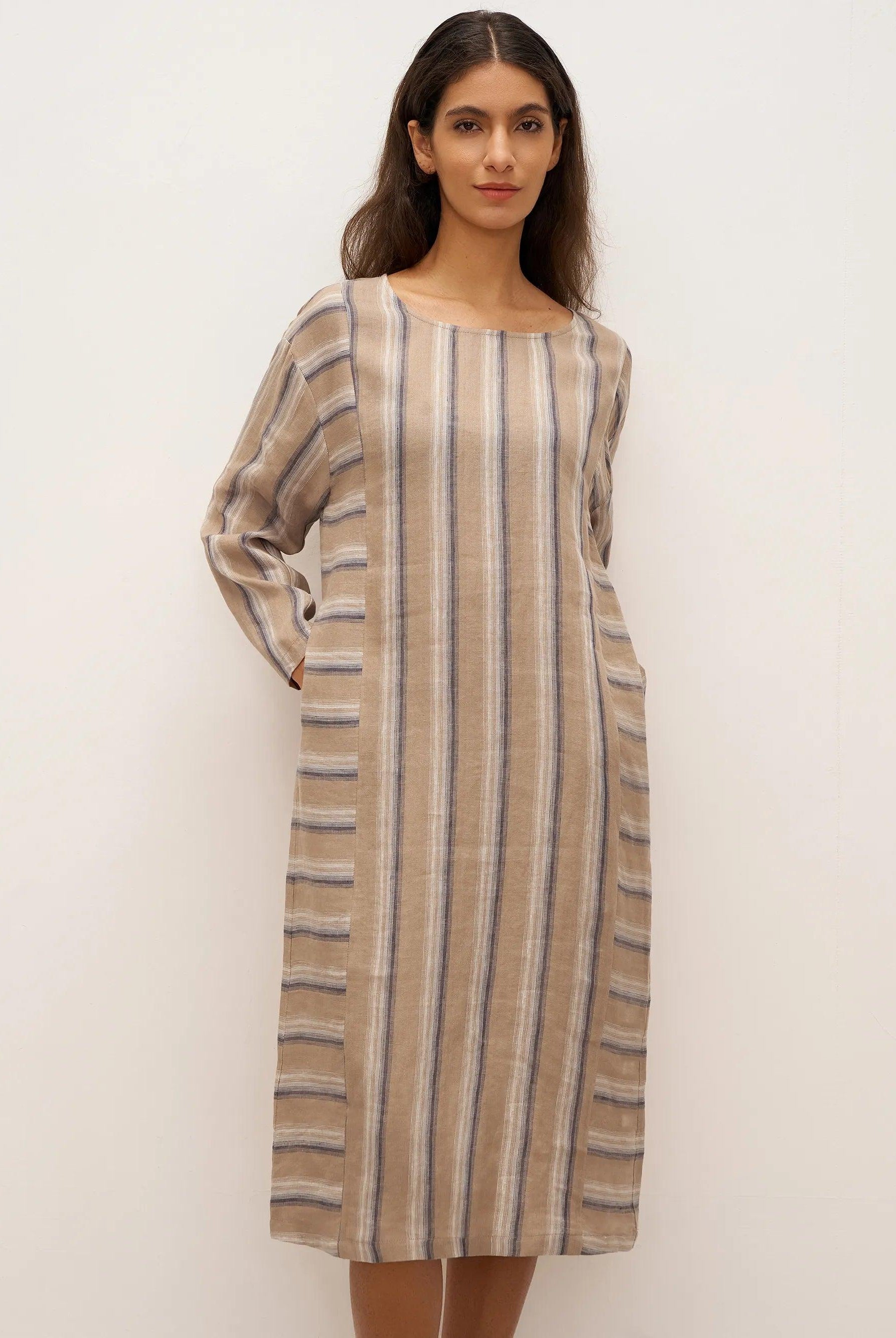100% Linen Striped Crossweave Midi Dress ELSPETH - Brownie Stripe / S - DRESSES-Linen