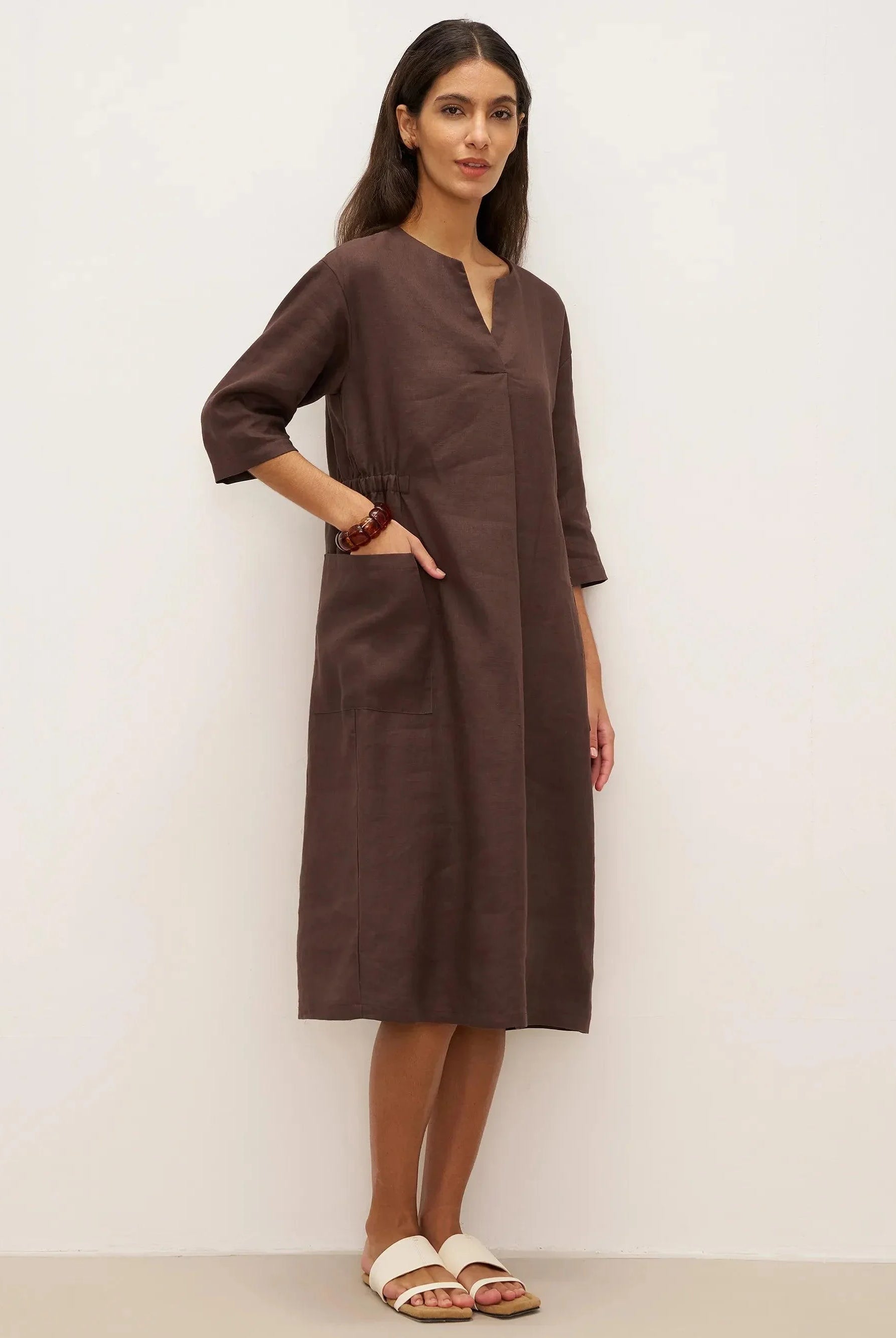 100% Linen Bell Pocket Midi Dress EVELINA - DRESSES-Linen