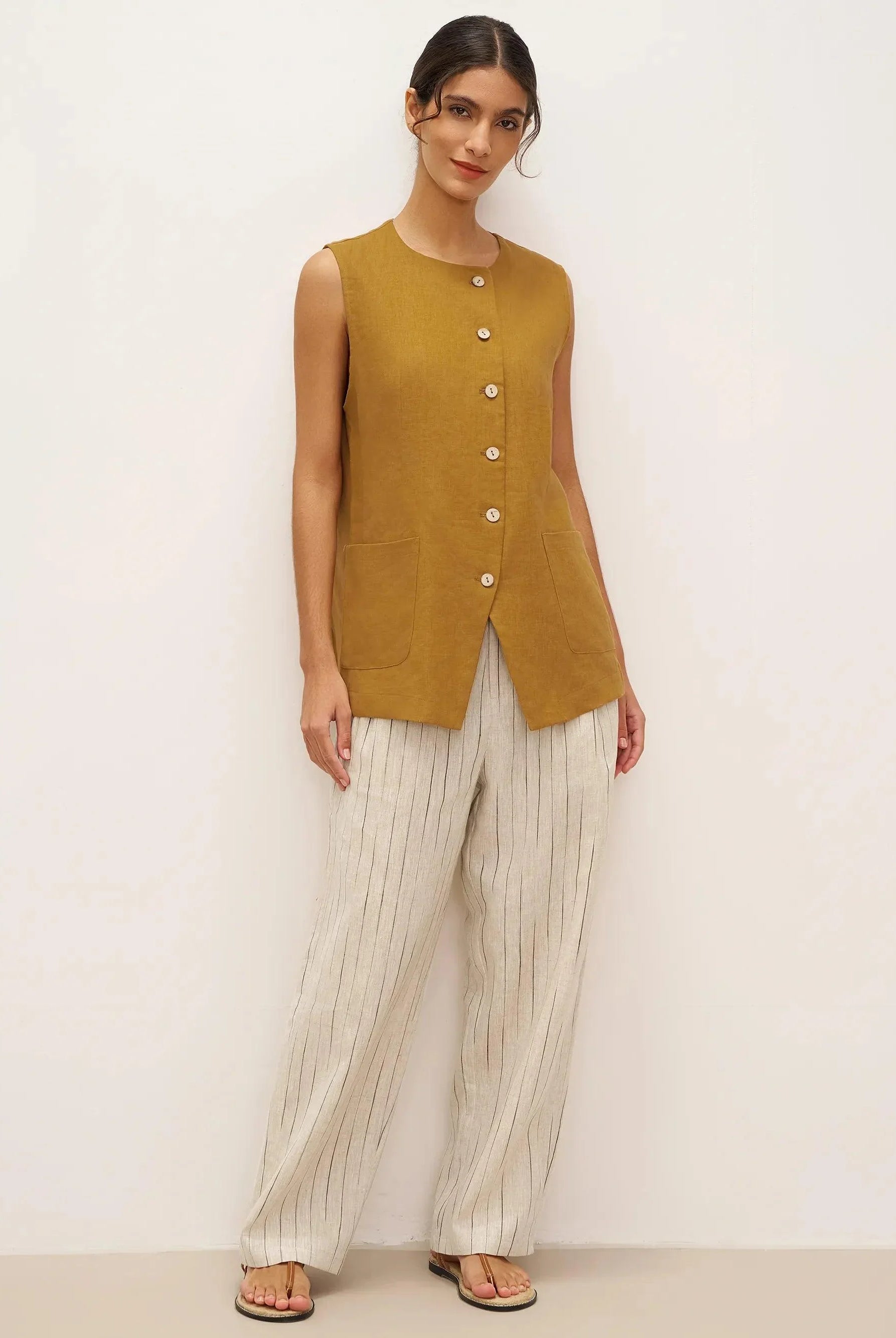 100% Linen Arc-Placket Button-Front Vest ELFRIDA - TOPS-Linen Tanks