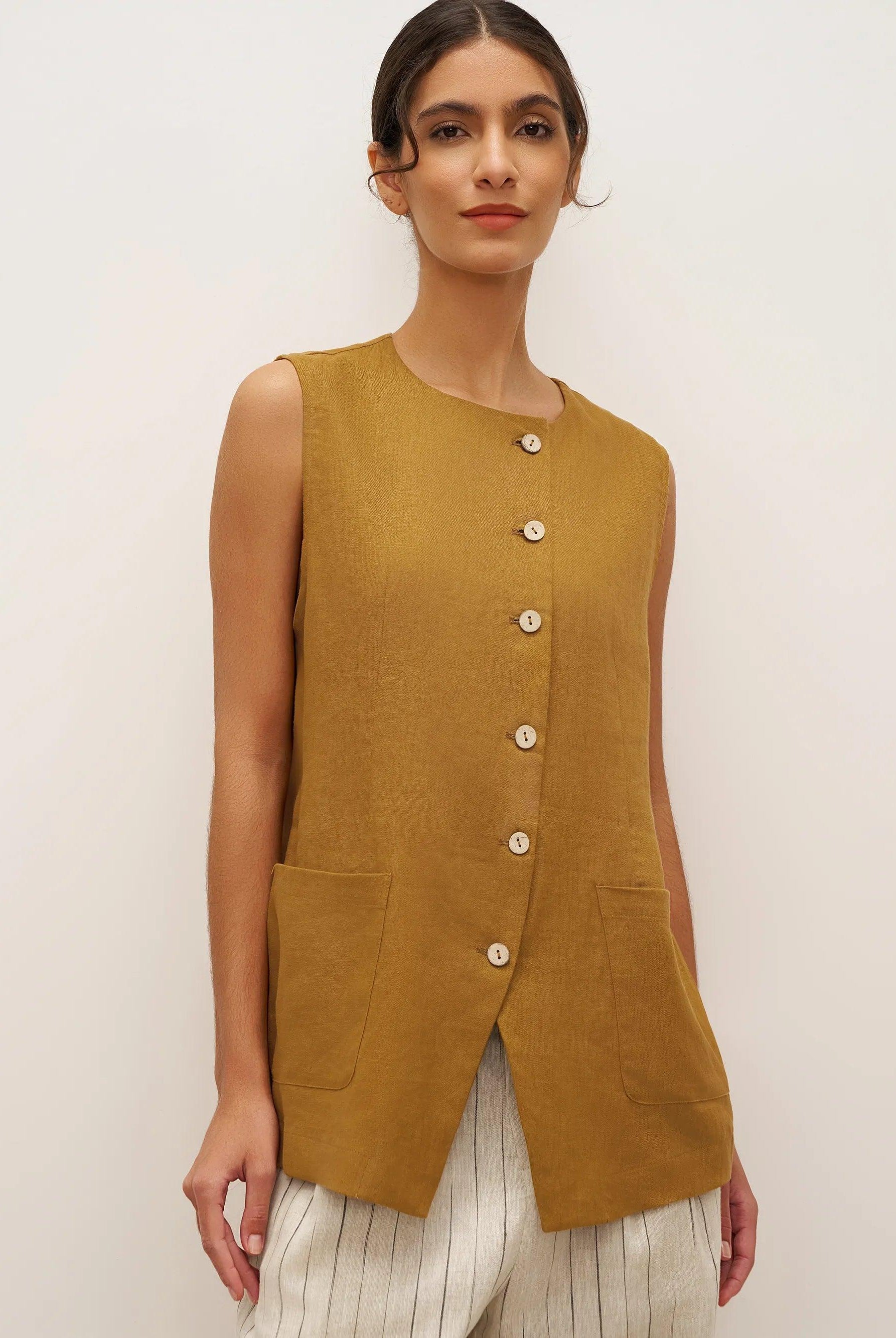 100% Linen Arc-Placket Button-Front Vest ELFRIDA - TOPS-Linen Tanks