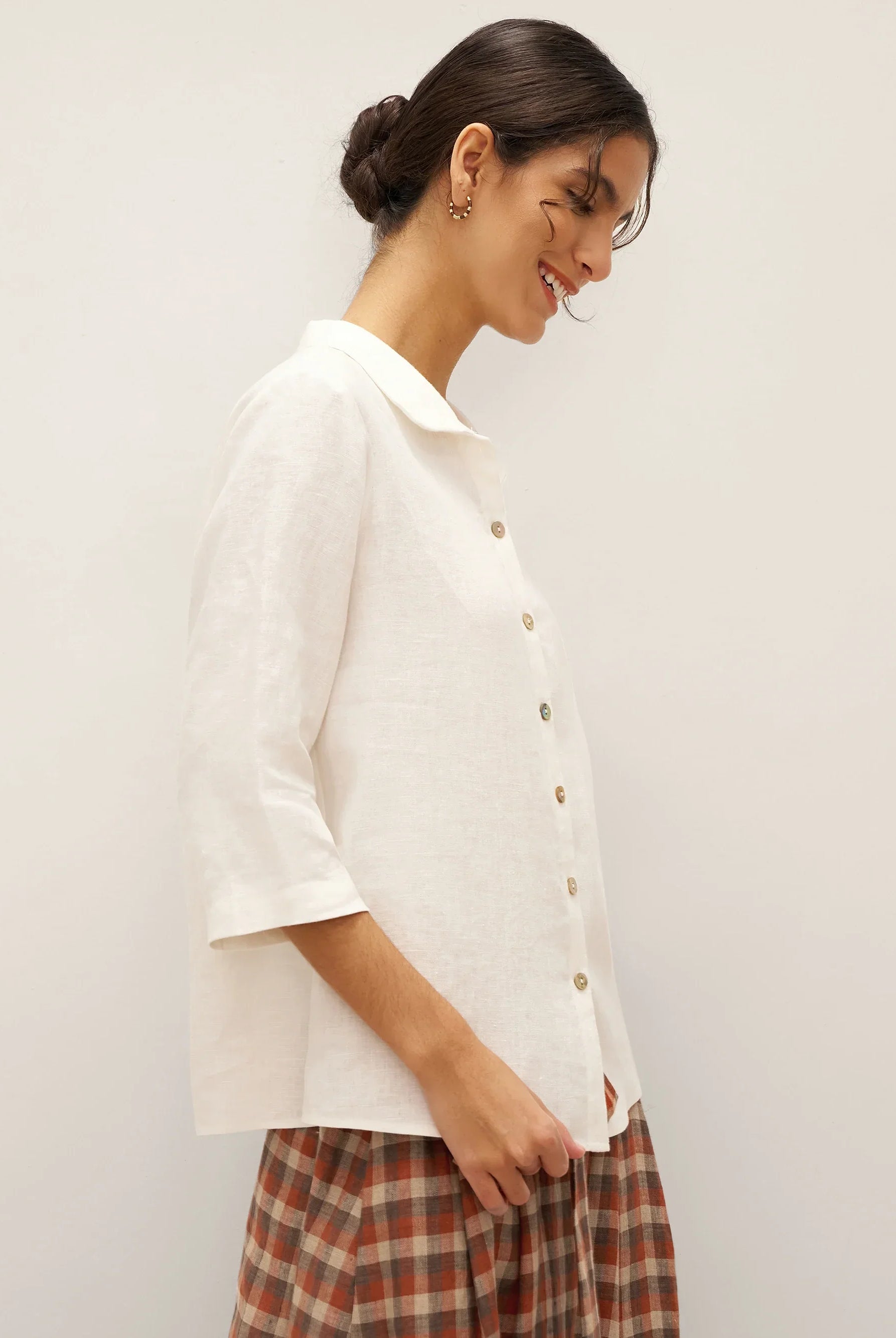 100% Linen Peter Pan Collar 3/4 Sleeve Shirt ASTRID - TOPS-Linen Button Down Shirts