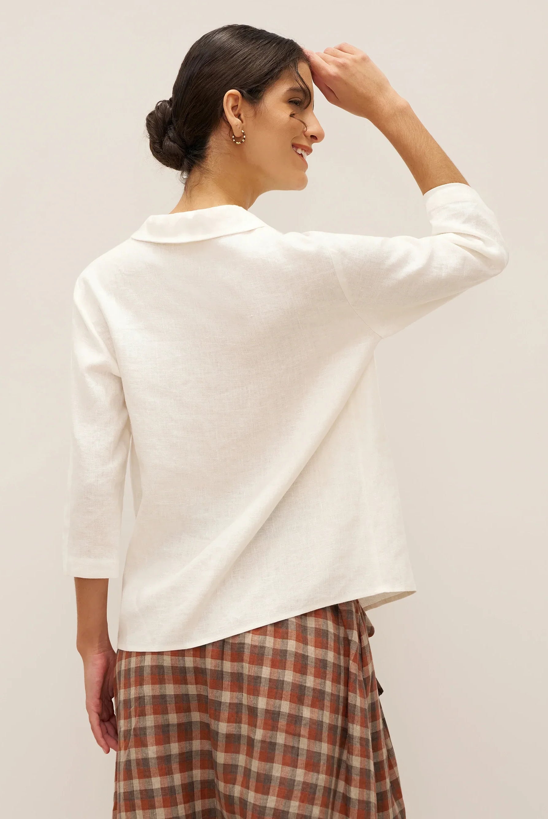 100% Linen Peter Pan Collar 3/4 Sleeve Shirt ASTRID - TOPS-Linen Button Down Shirts