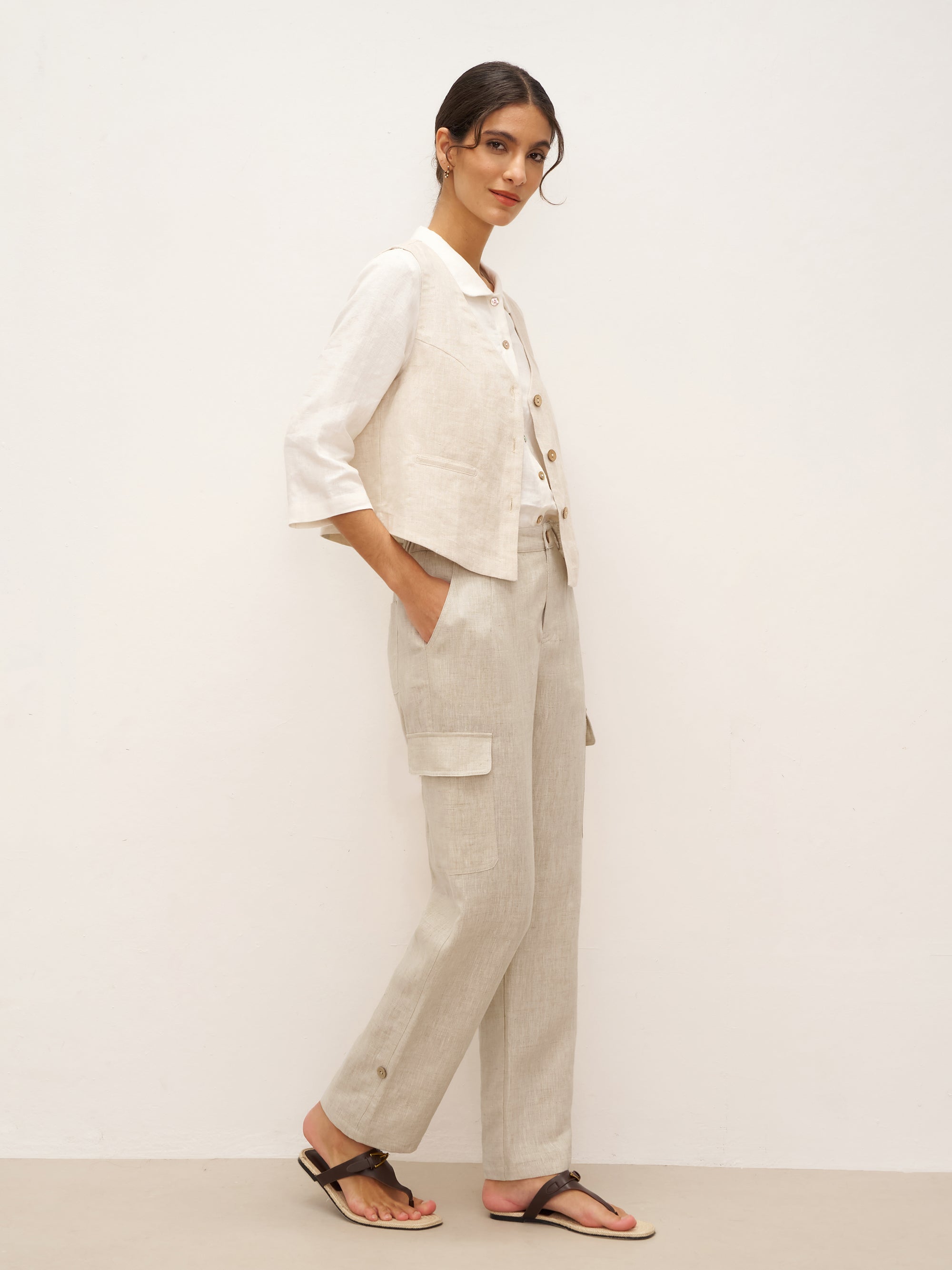 100% Linen V-Neck Buttoned Closure Vest DELIA - TOPS-Linen Vests