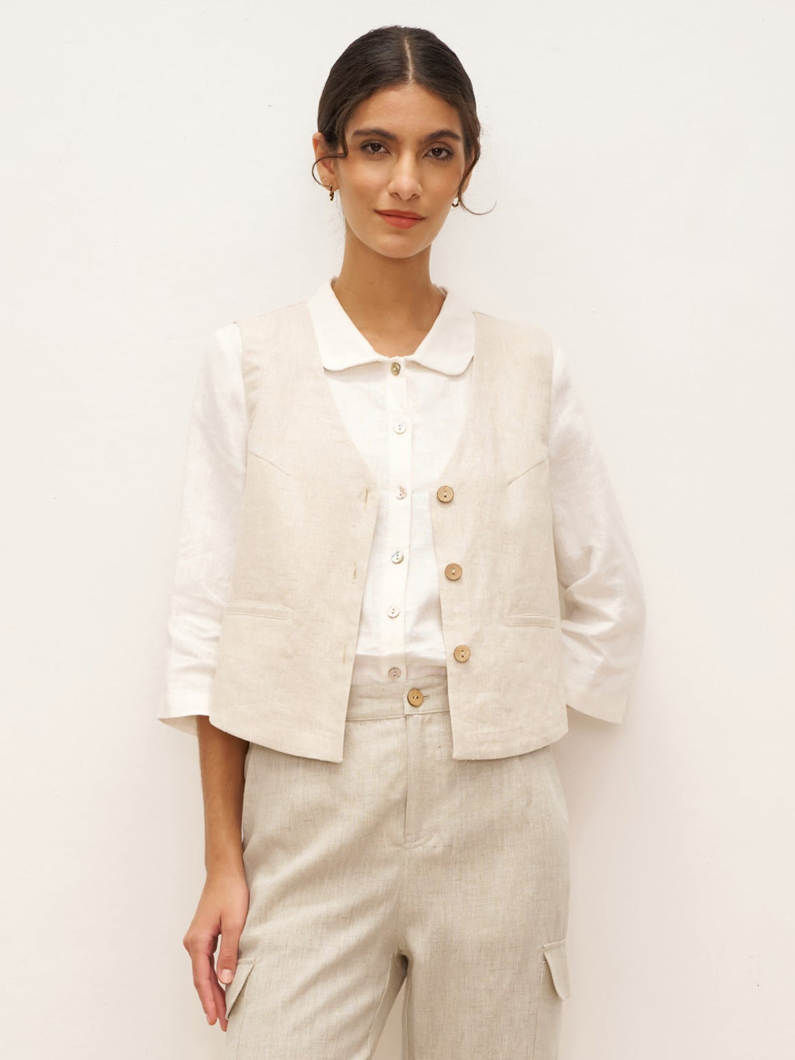 100% Linen V-Neck Buttoned Closure Vest DELIA - Natural / S - TOPS-Linen Vests