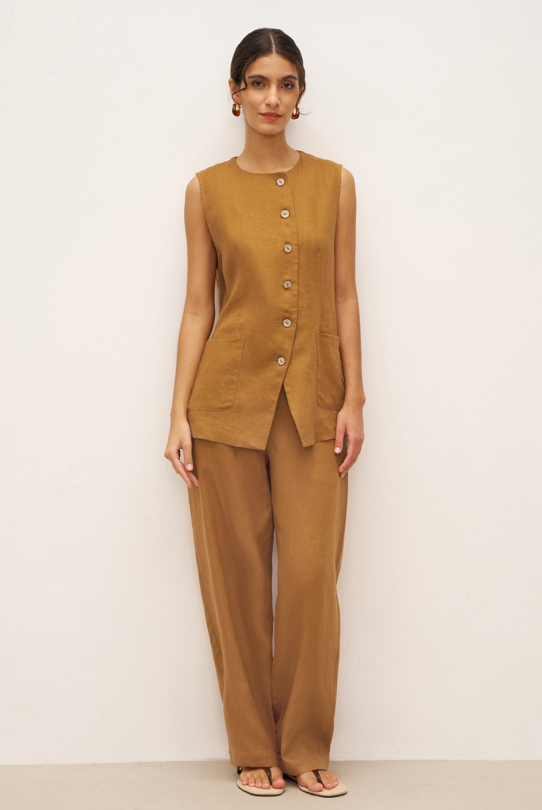 100% Linen Arc-Placket Button-Front Vest ELFRIDA - Ochre / S - TOPS-Linen Tanks