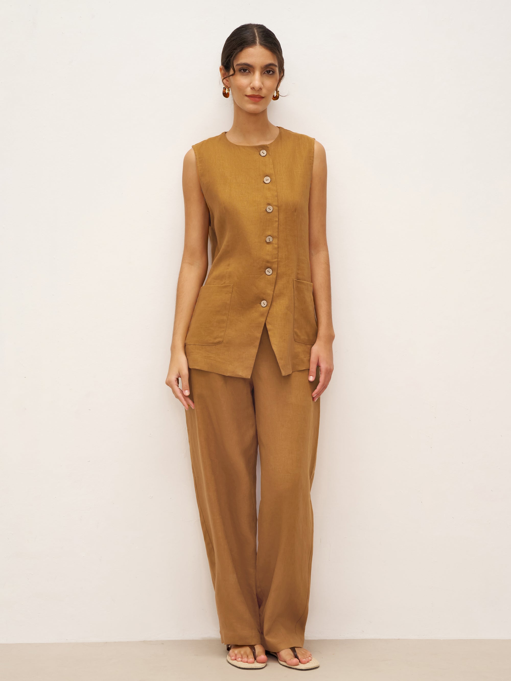 100% Linen Arc-Placket Button-Front Vest ELFRIDA - Ochre / S - TOPS-Linen Tanks