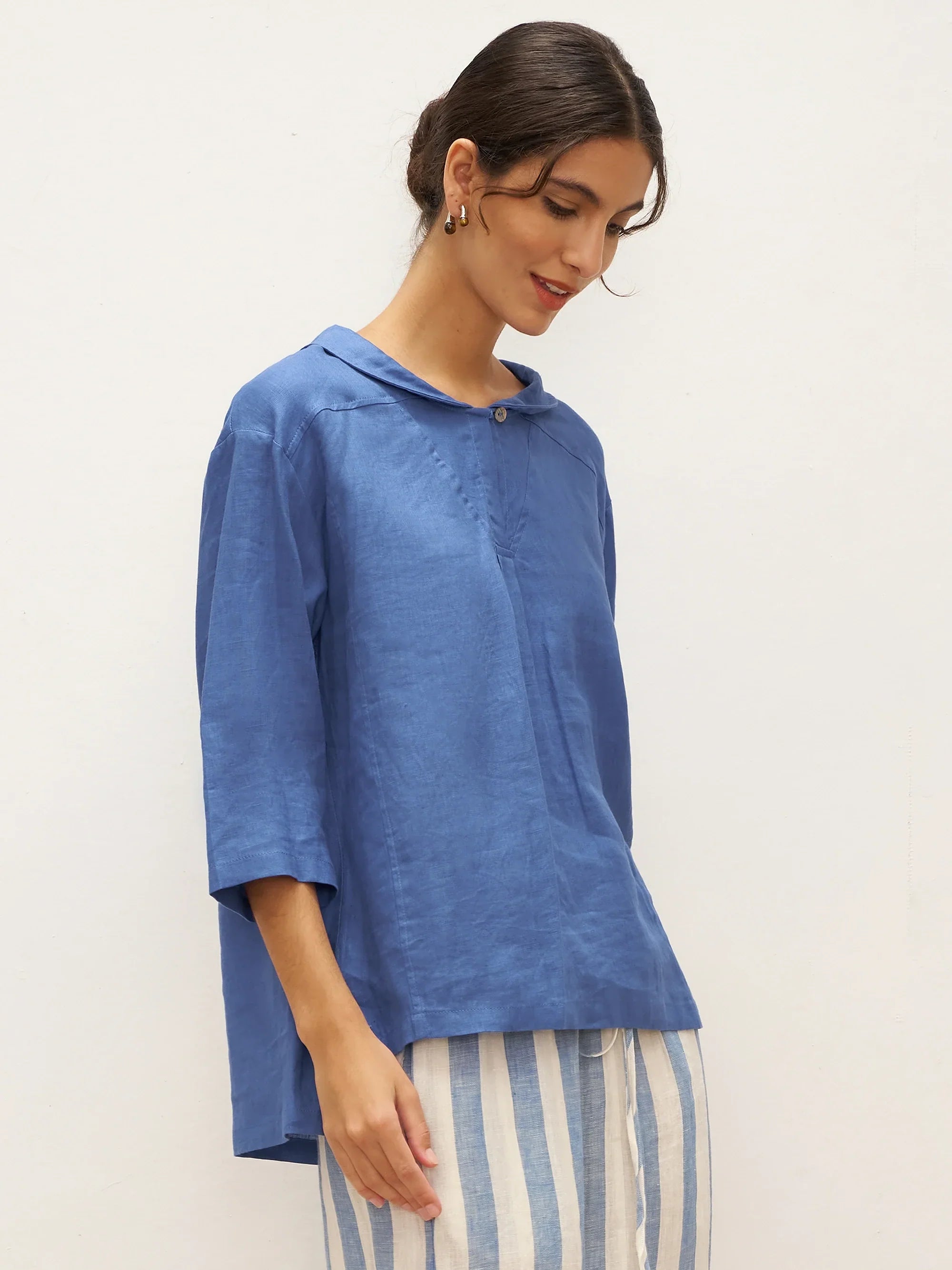 JADE 100% Linen Shawl V-Neck Half Sleeve Top - TOPS-Linen Blouses