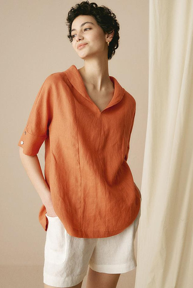 100% Linen V-Neck Short Sleeve Shirt SIERRA - TOPS-Linen Blouses