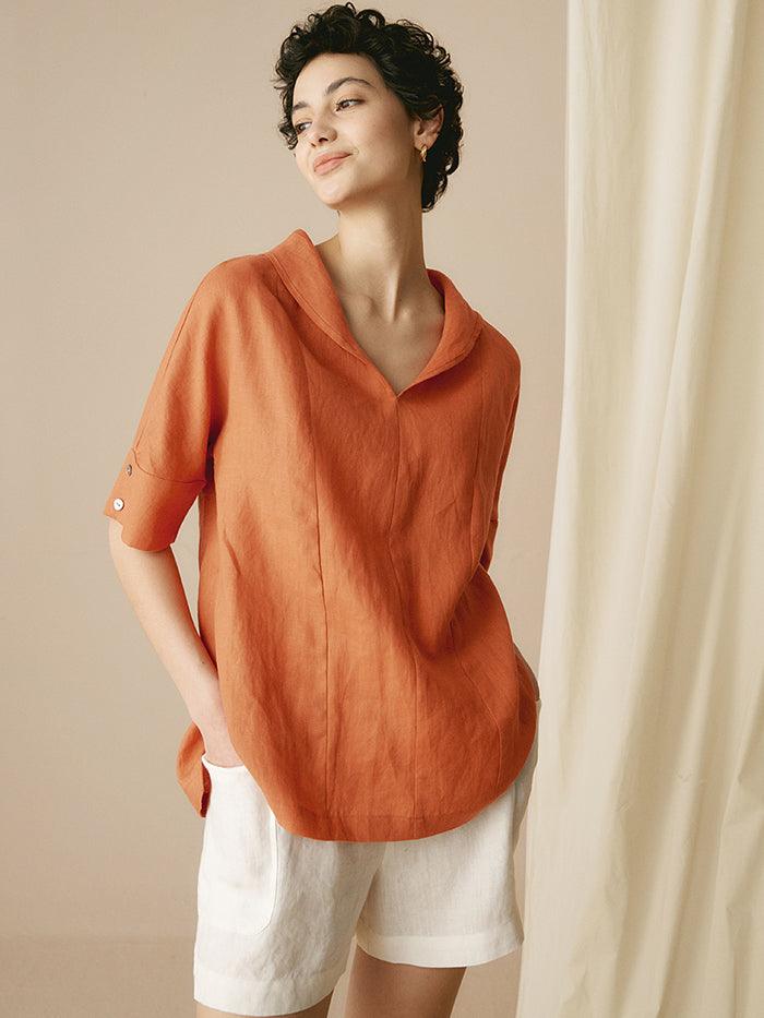 100% Linen V-Neck Short Sleeve Shirt SIERRA - TOPS-Linen Blouses