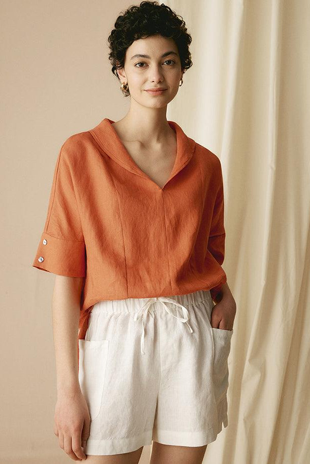 100% Linen V-Neck Short Sleeve Shirt SIERRA - TOPS-Linen Blouses