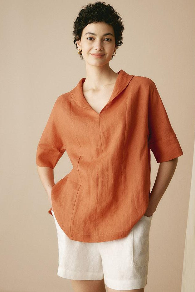 100% Linen V-Neck Short Sleeve Shirt SIERRA - Sun Orange / XS - TOPS-Linen Blouses