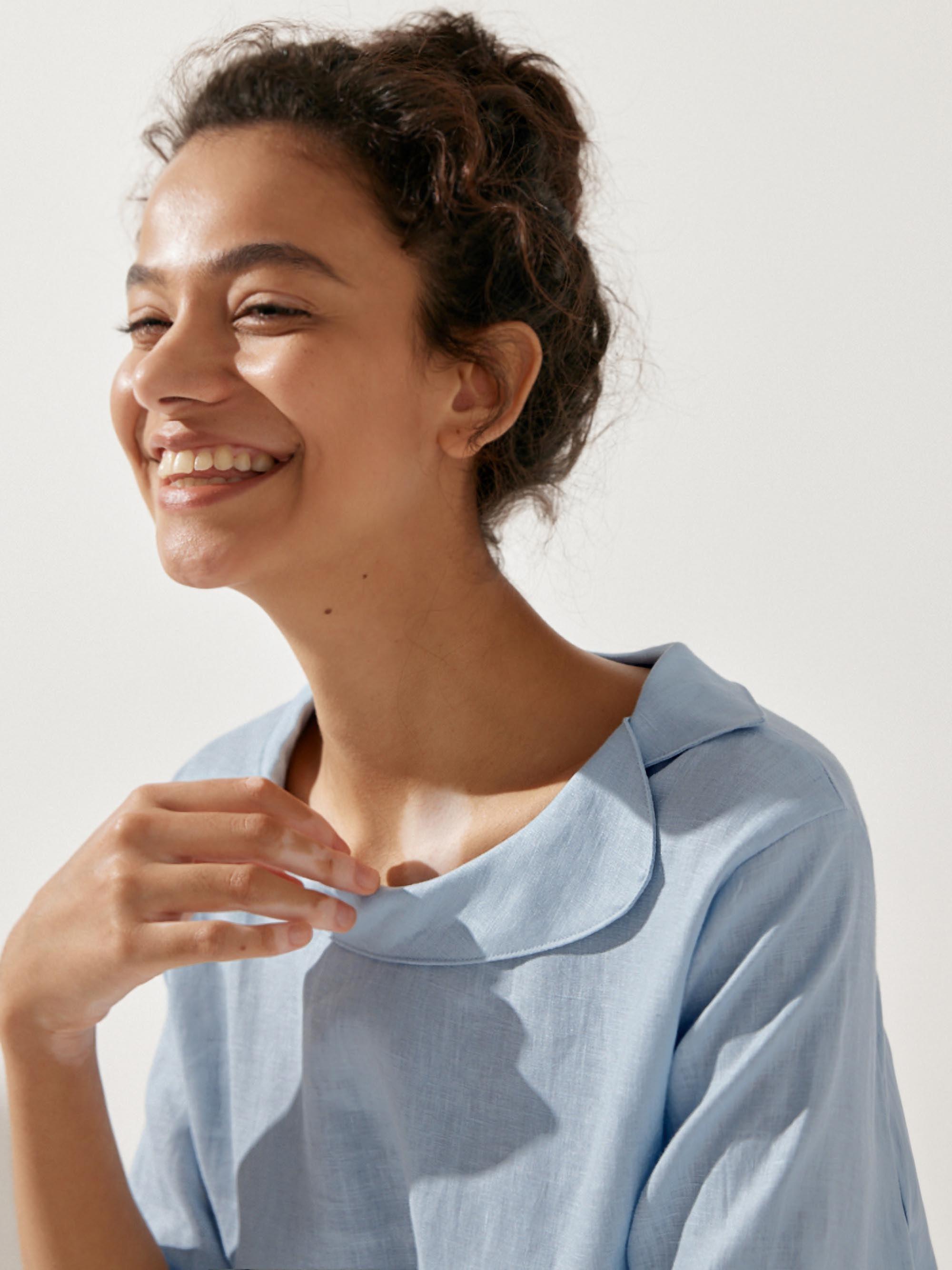 Linen Round Soft-Fold Collar Top ANAIS - TOPS-Linen Blouses