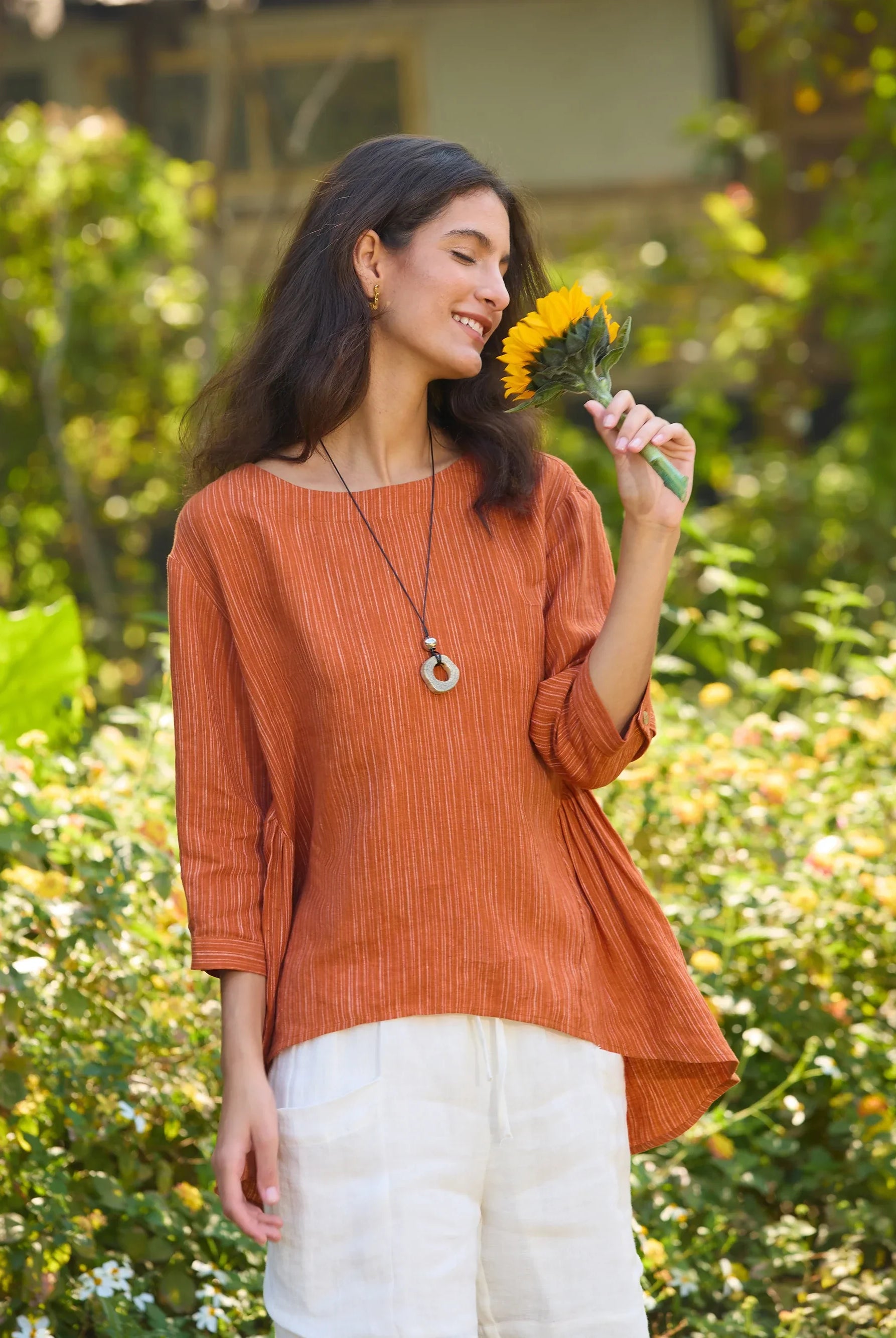 100% Linen Round Neck Artistic Stripe Top - TOPS-Linen Blouses