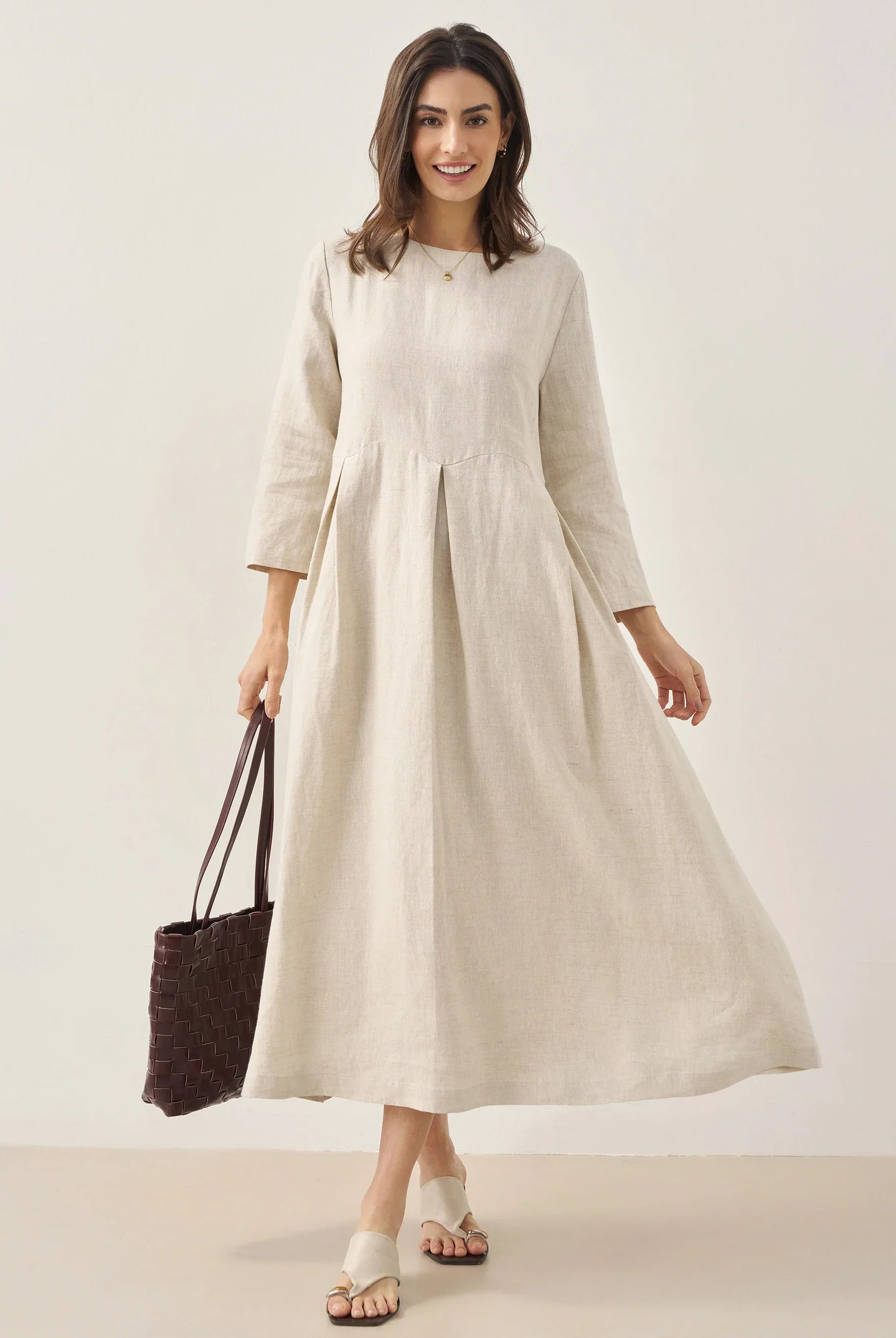100% Linen Bateau Neck Pleated Maxi Dress - DRESSES-Linen