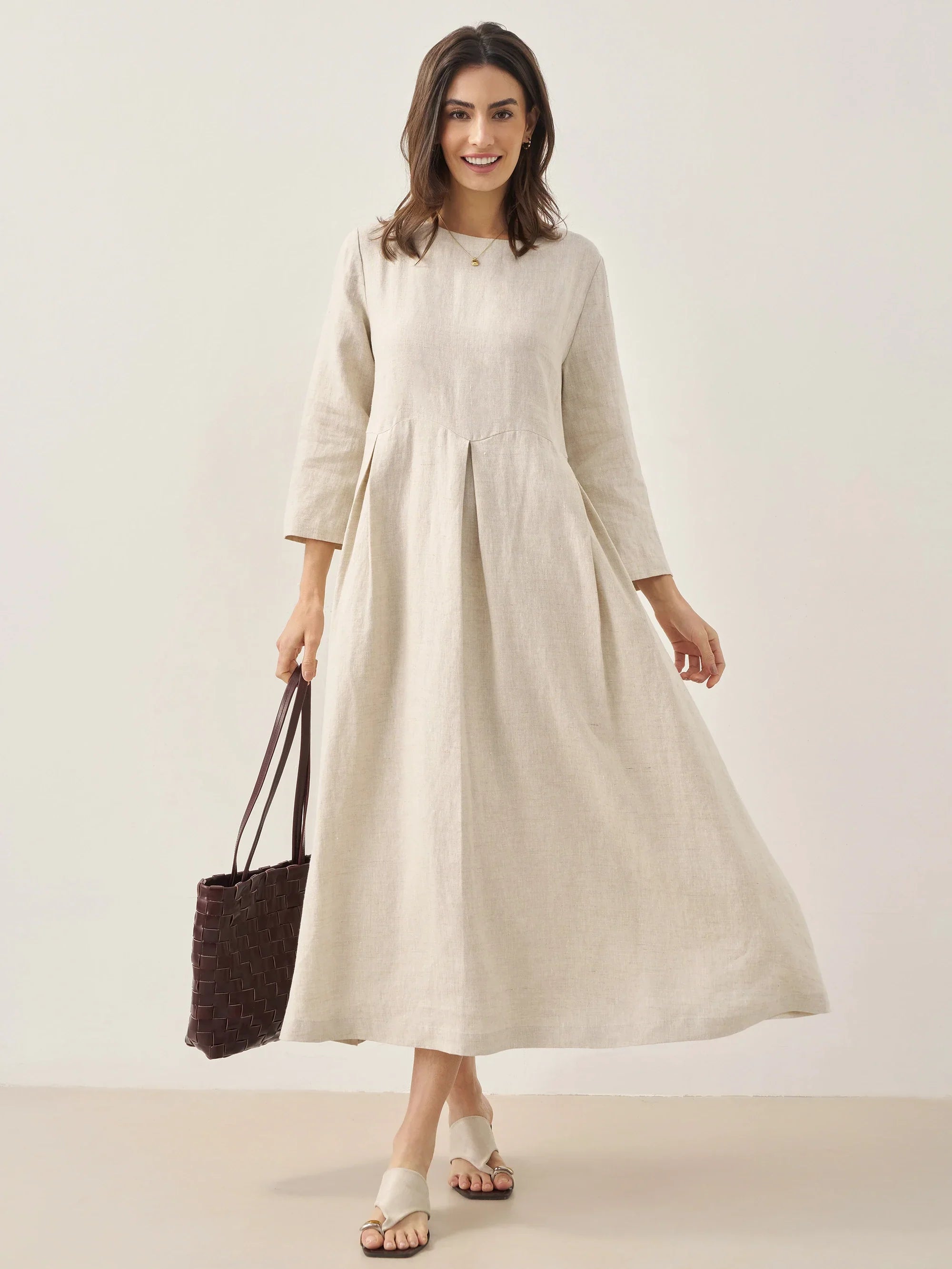 100% Linen Bateau Neck Pleated Maxi Dress - DRESSES-Linen