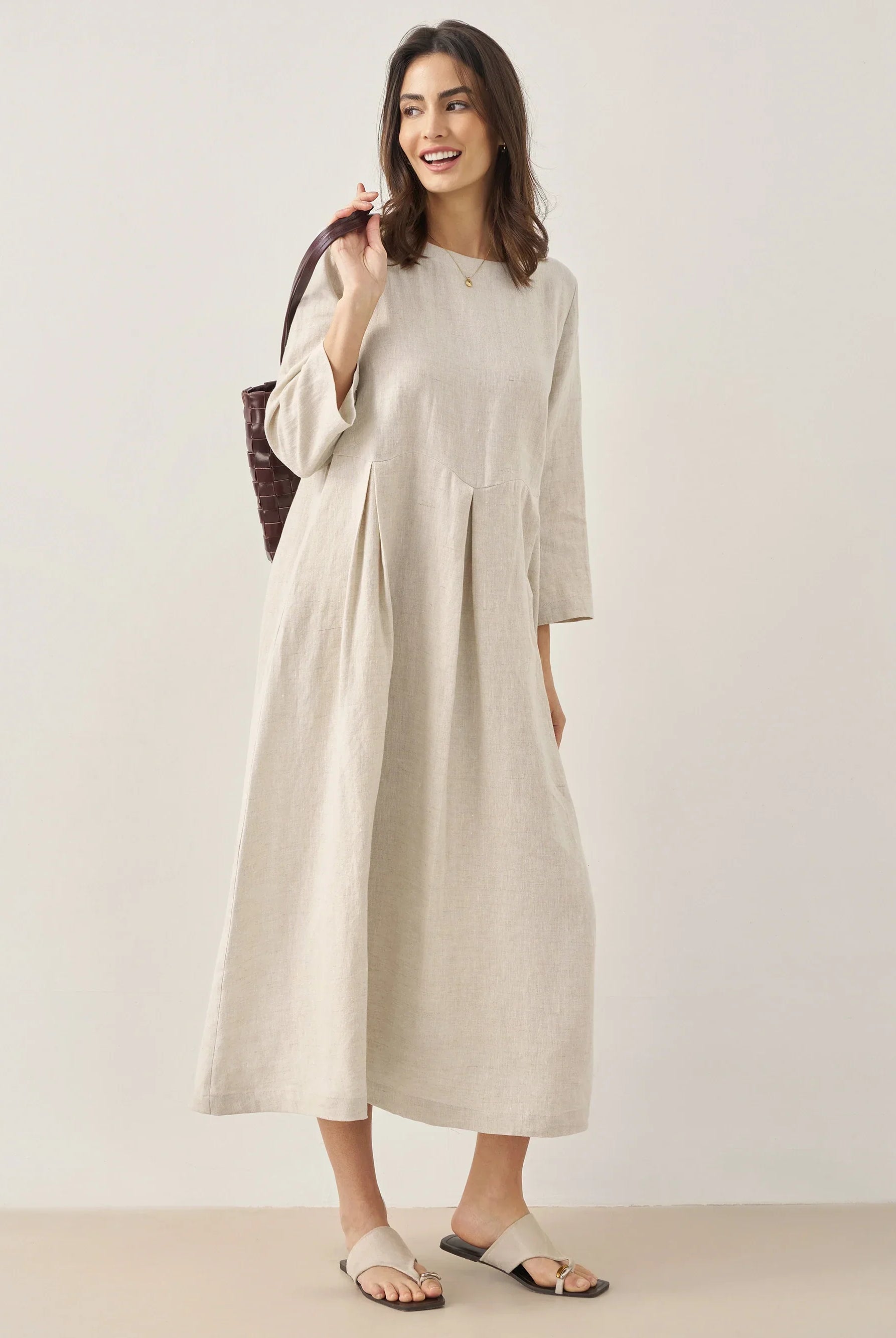100% Linen Bateau Neck Pleated Maxi Dress - DRESSES-Linen