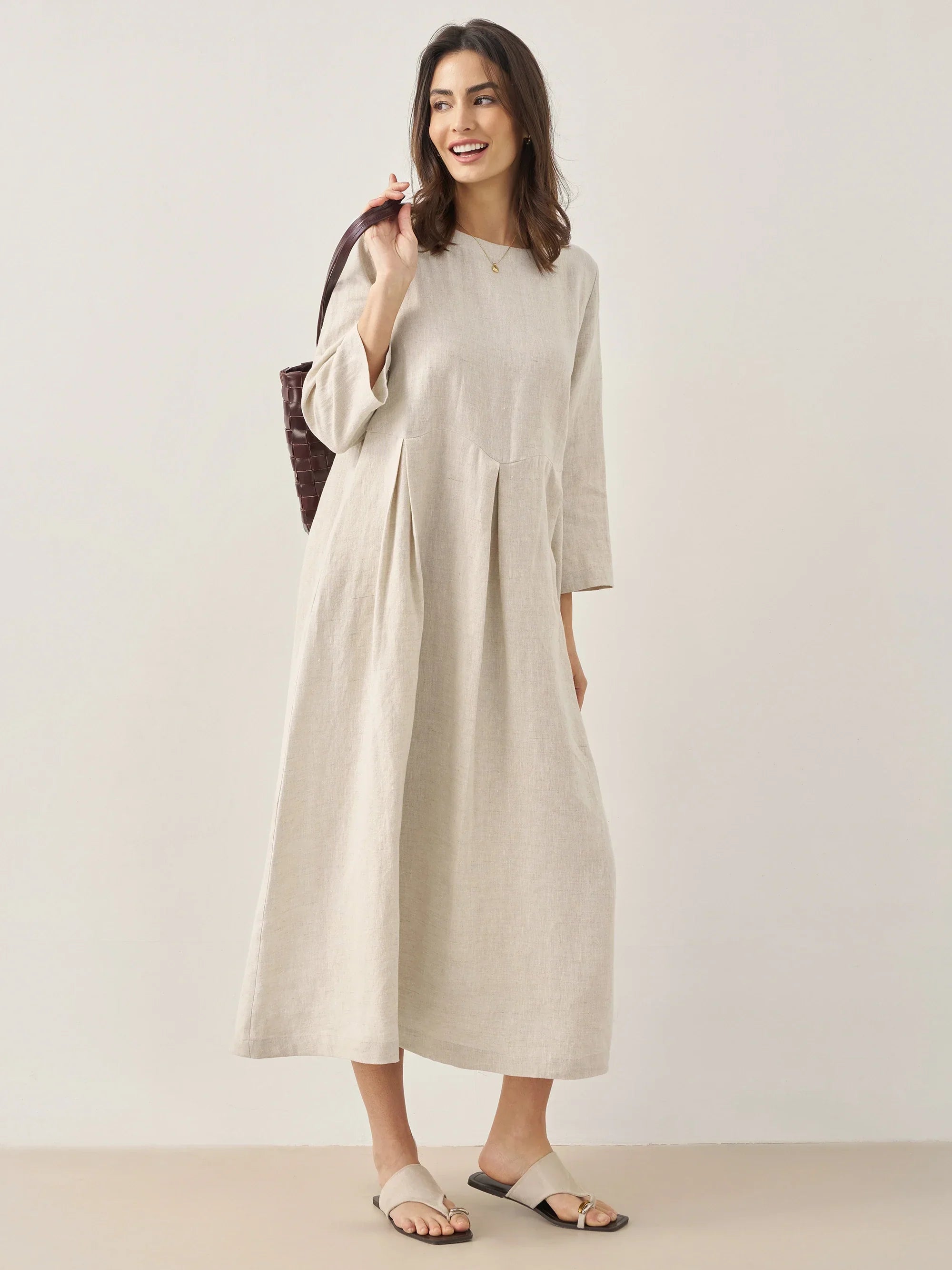 100% Linen Bateau Neck Pleated Maxi Dress - DRESSES-Linen