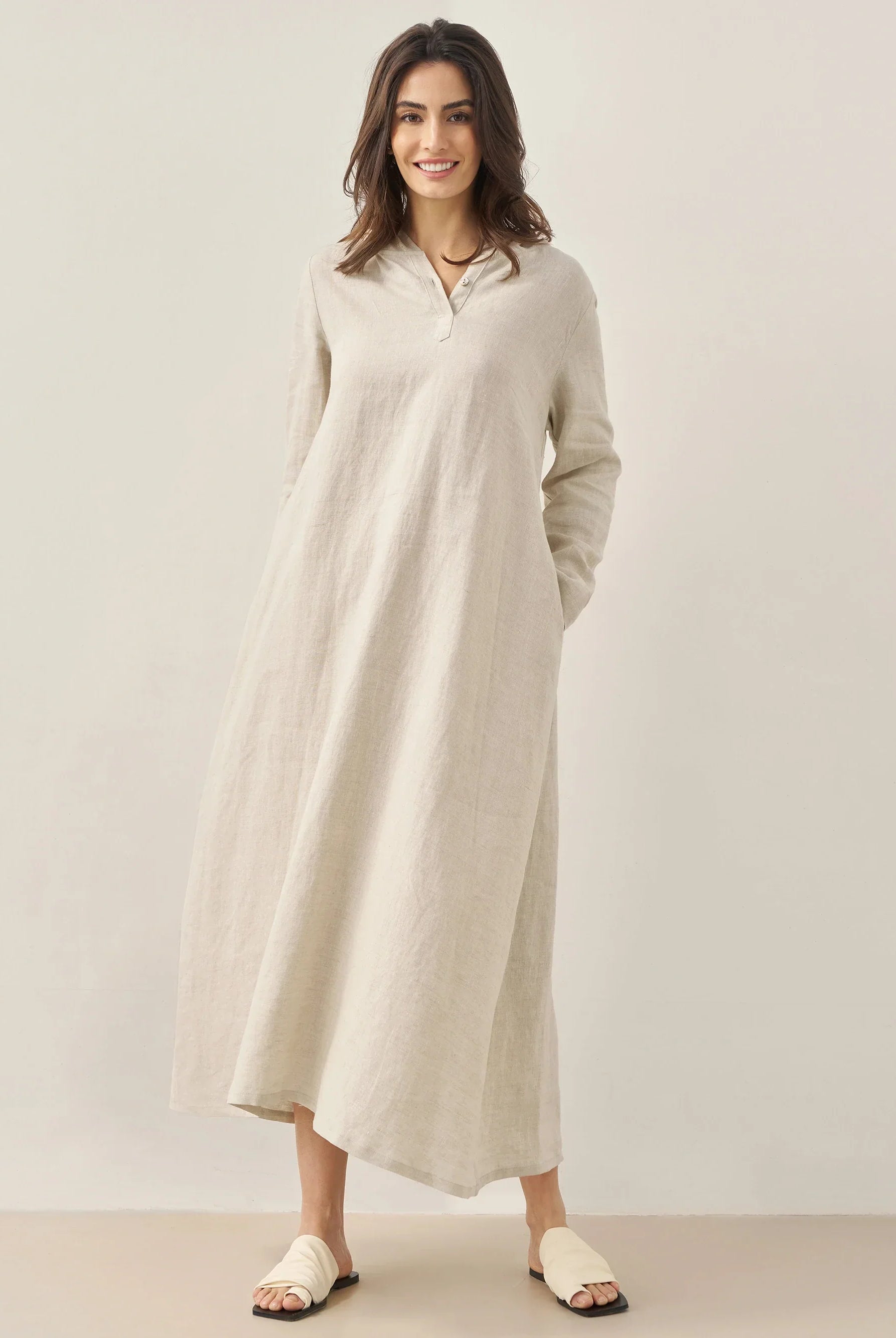 100% Linen Hooded Pullover Maxi Dress - Natural / S - DRESSES-Linen
