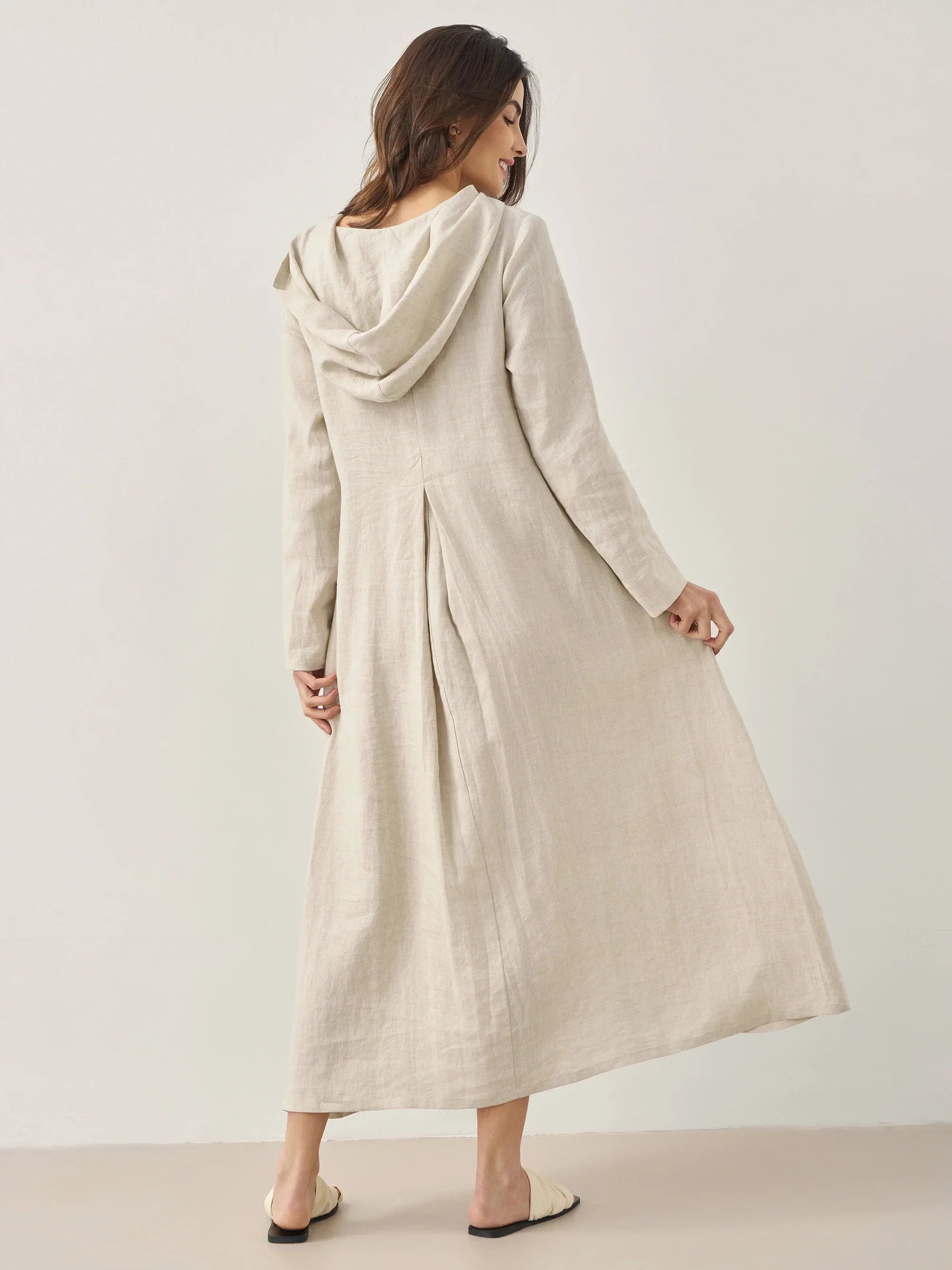 100% Linen Hooded Pullover Maxi Dress - DRESSES-Linen