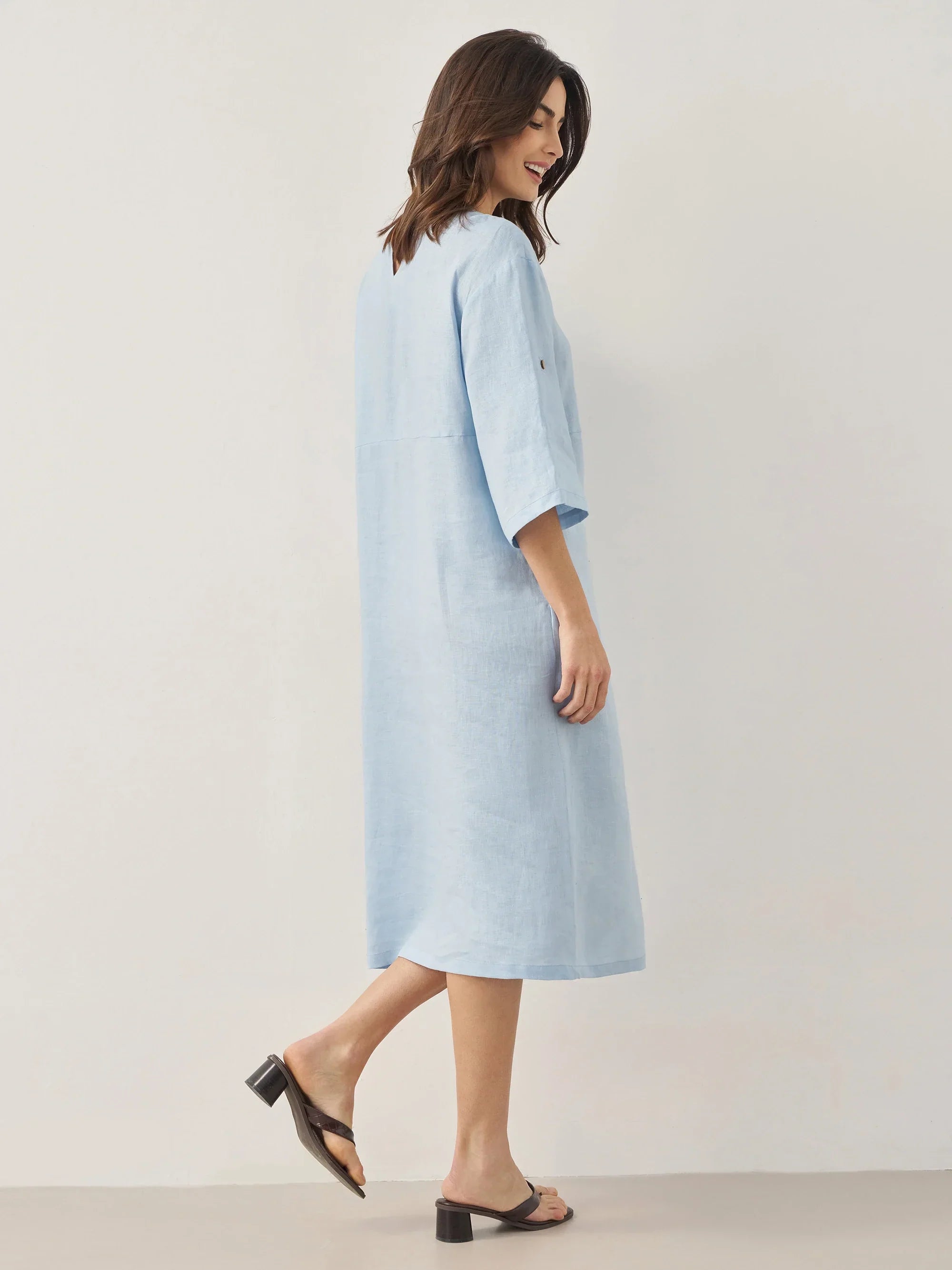 100% Linen Round Neck Button Detail Midi Dress JELENA - DRESSES-Linen
