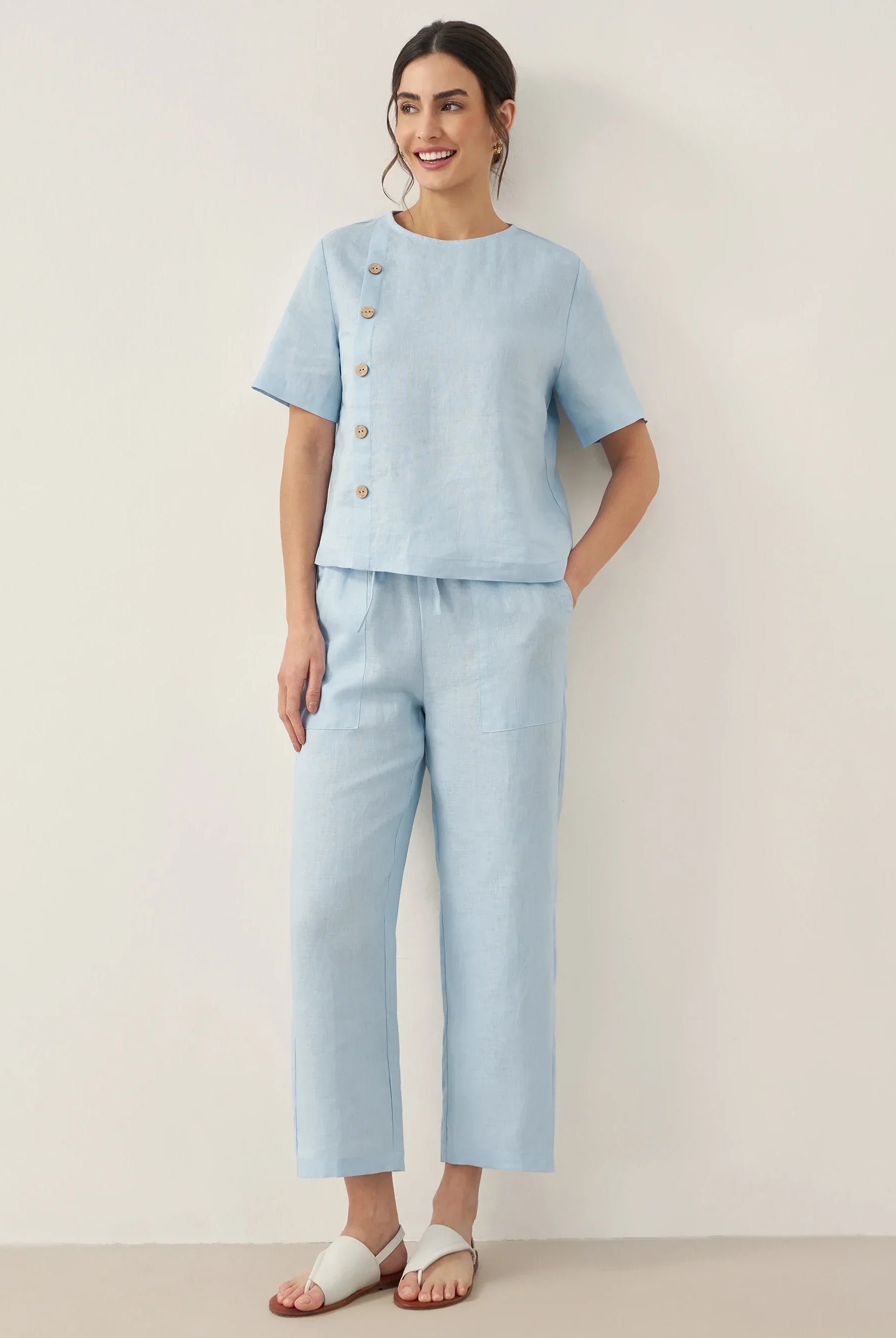 100% Linen Short-Sleeve Round Neck Button Detail Top & Pants Set JOSIE - Baby Blue / Sets / S - SETS-Linen