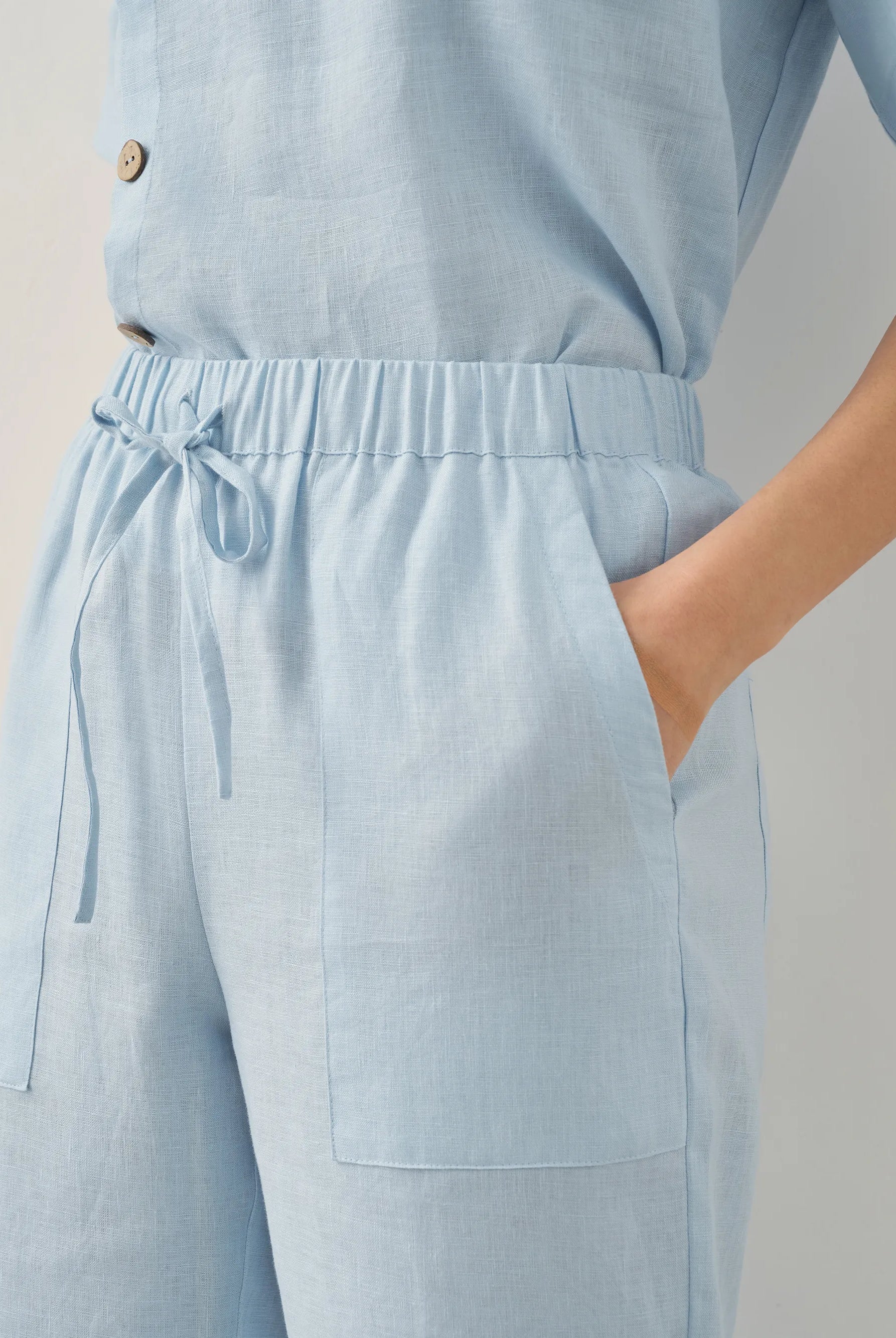 100% Linen Short-Sleeve Round Neck Button Detail Top & Pants Set JOSIE - SETS-Linen Sets