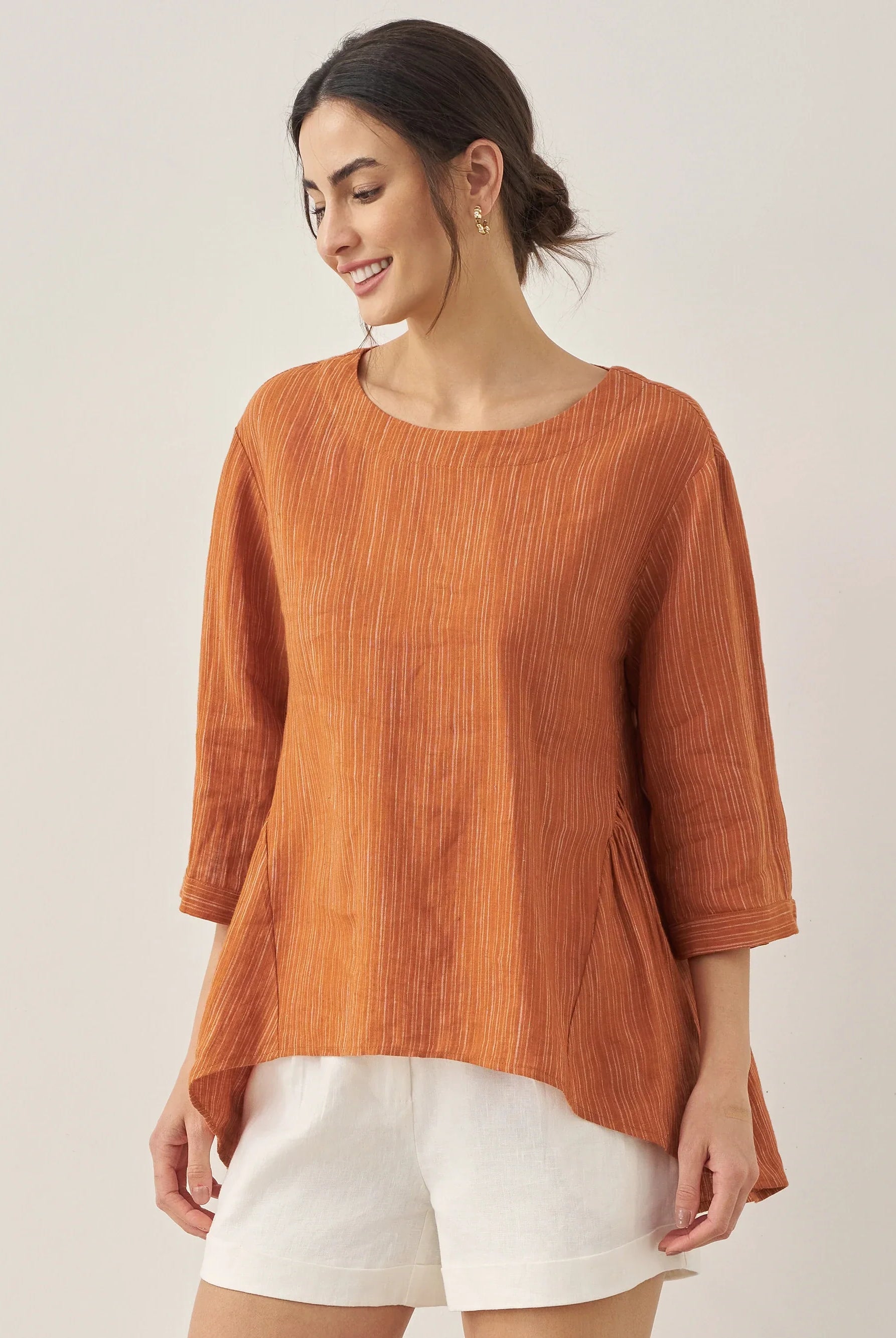 100% Linen Round Neck Artistic Stripe Top - Pumpkin / S - TOPS-Linen Blouses
