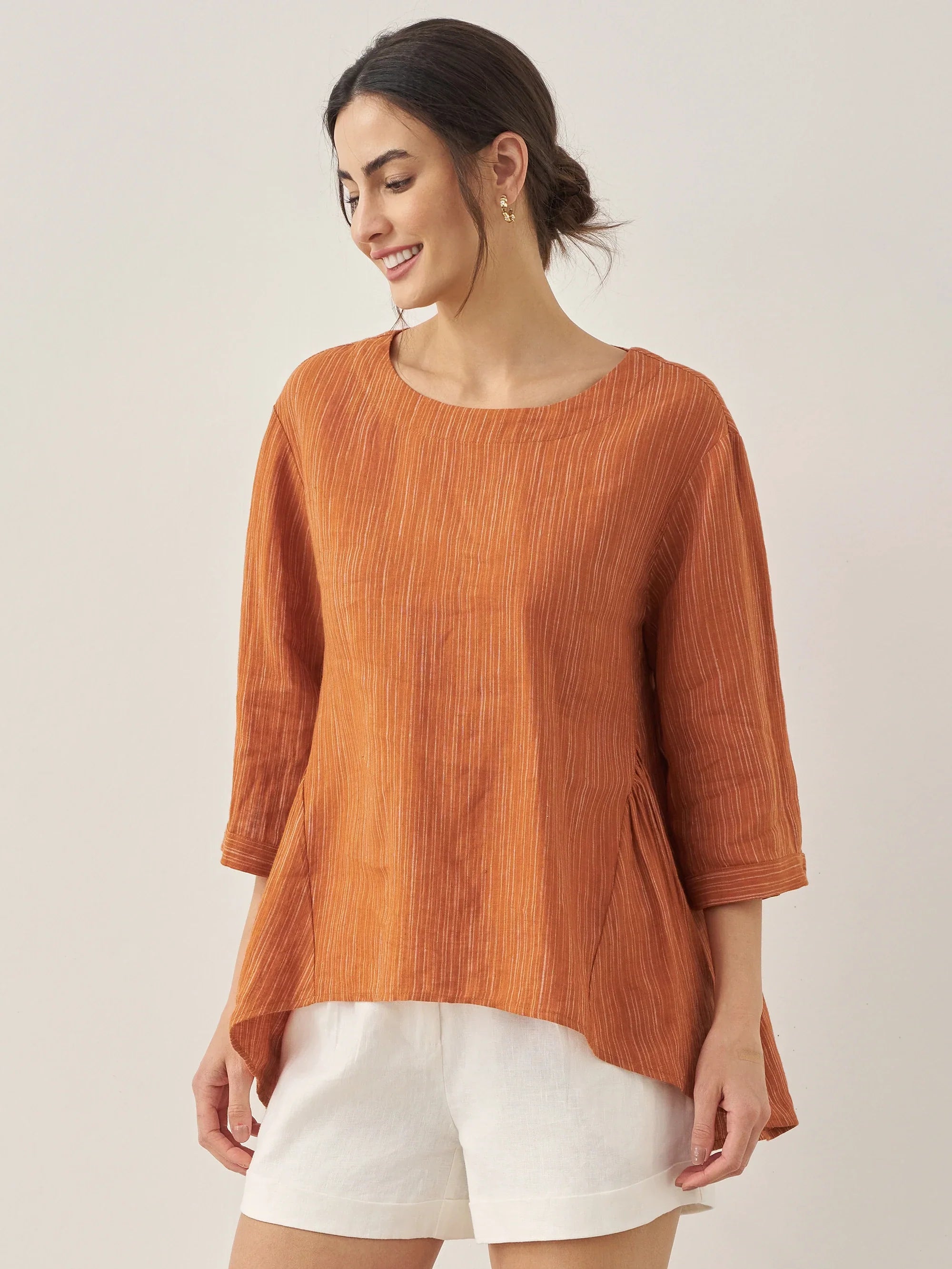 100% Linen Round Neck Artistic Stripe Top - Pumpkin / S - TOPS-Linen Blouses