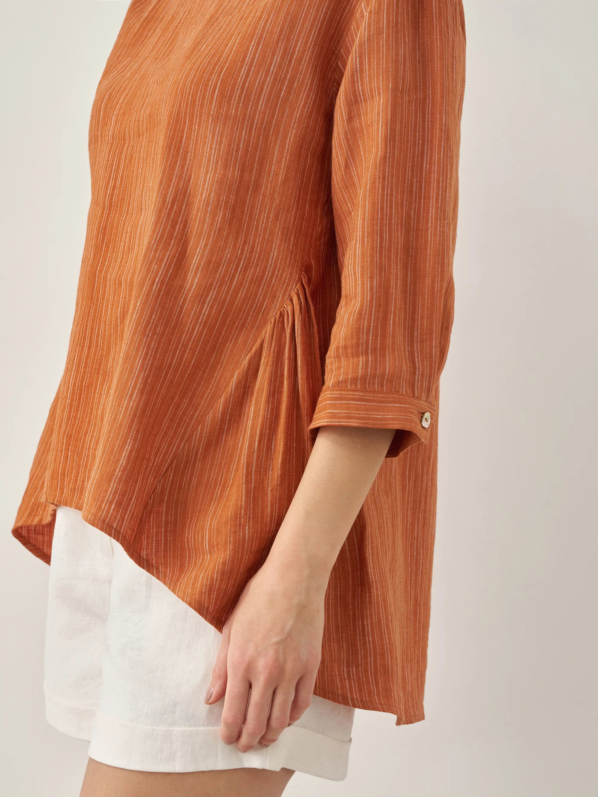 100% Linen Round Neck Artistic Stripe Top - TOPS-Linen Blouses