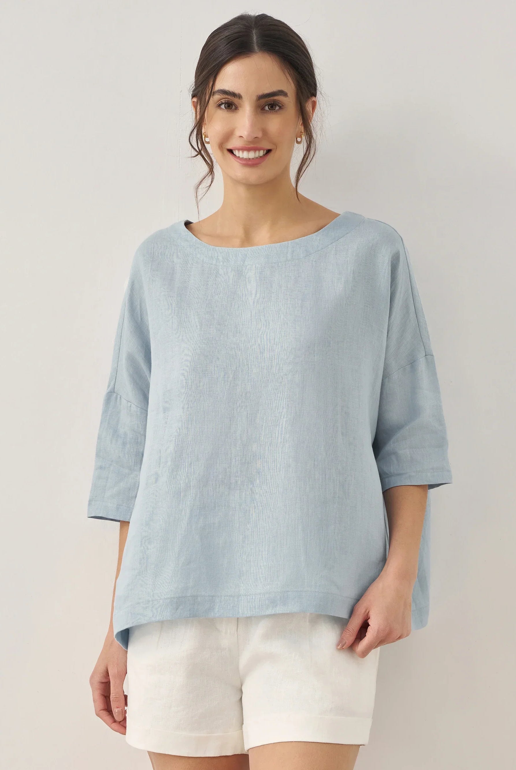 AURORA 100% Linen Boatneck 3/4 Length Sleeve Top - TOPS-Linen Blouses