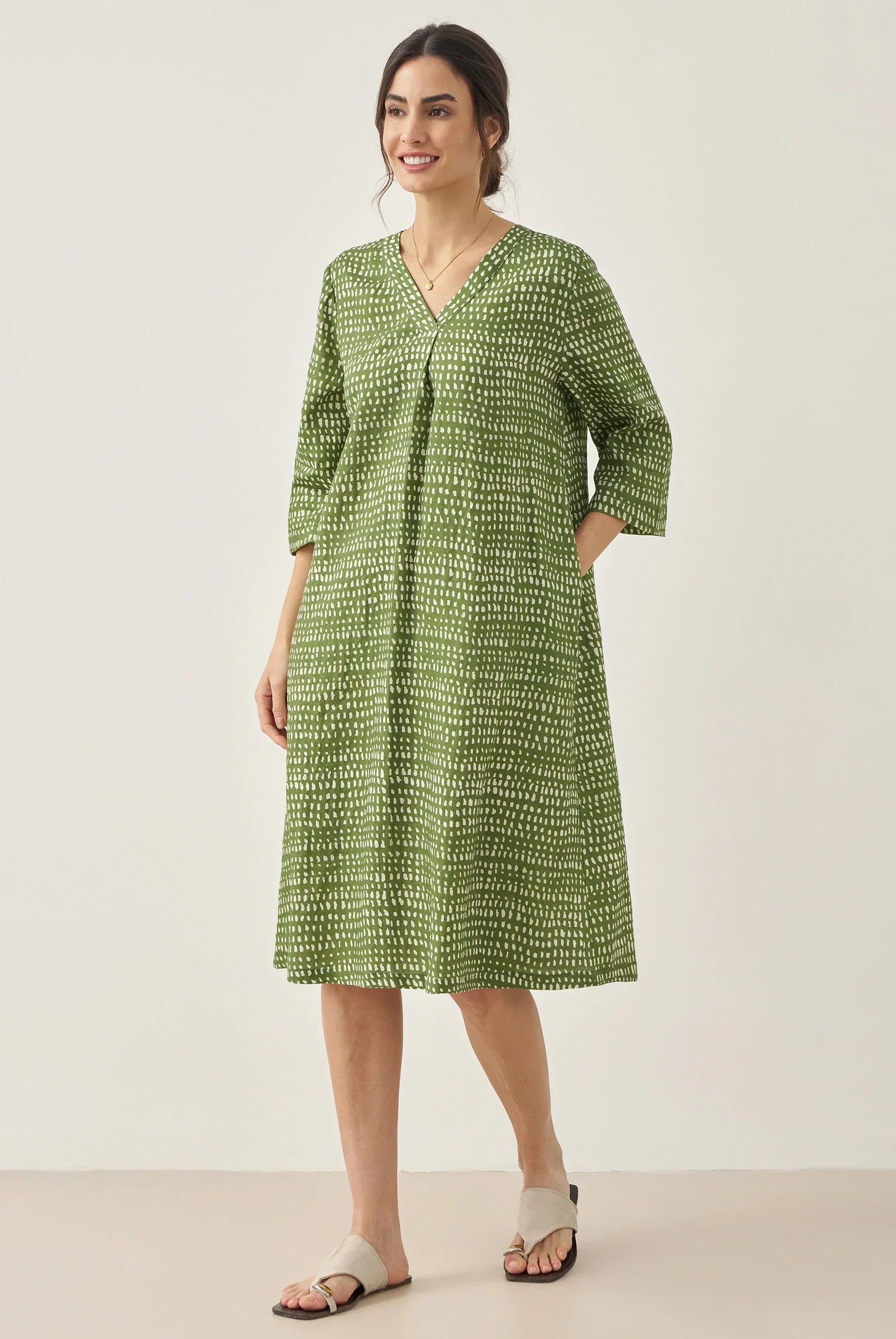 100% Linen V-Neck Polka Dot Midi Dress LIRA - DRESSES-Linen