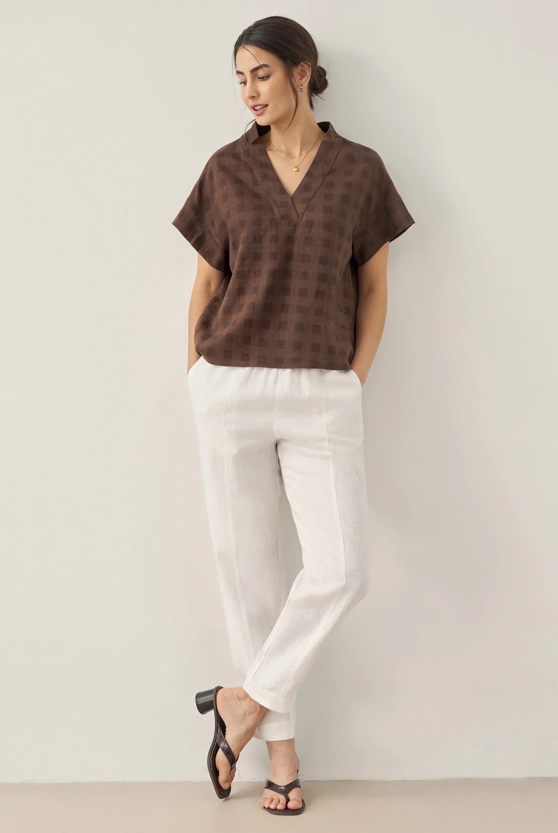 100% Linen Straight-Leg Pants with Elastic Waist - BOTTOMS-Linen