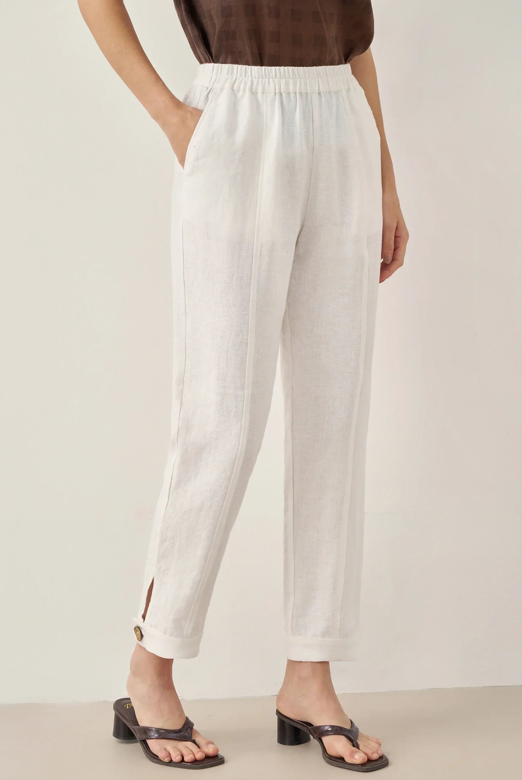 100% Linen Straight-Leg Pants with Elastic Waist - BOTTOMS-Linen