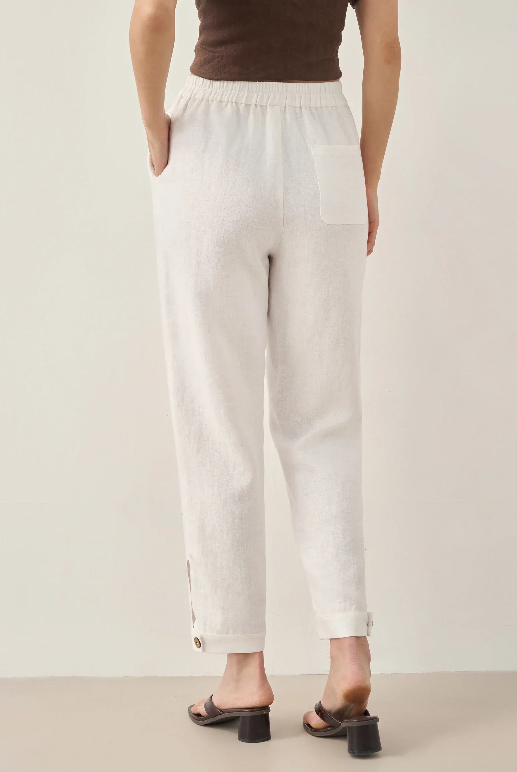 100% Linen Straight-Leg Pants with Elastic Waist - BOTTOMS-Linen