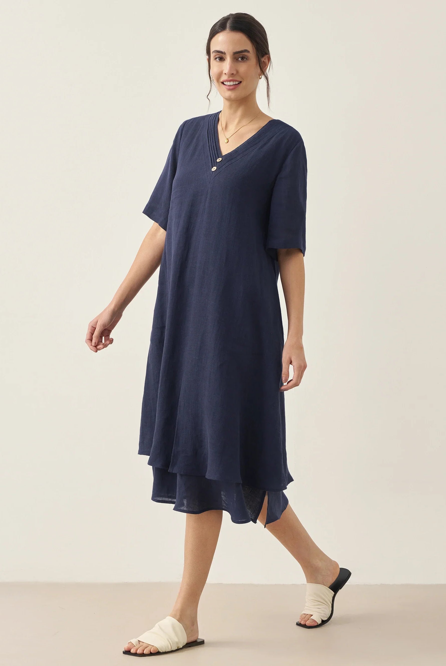 100% Linen V-Neck Double-Layer Midi Dress JAYDA - DRESSES-Linen